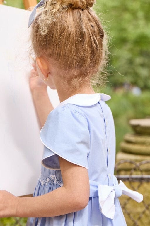 Clémence, robe à smocks en popeline bleuet