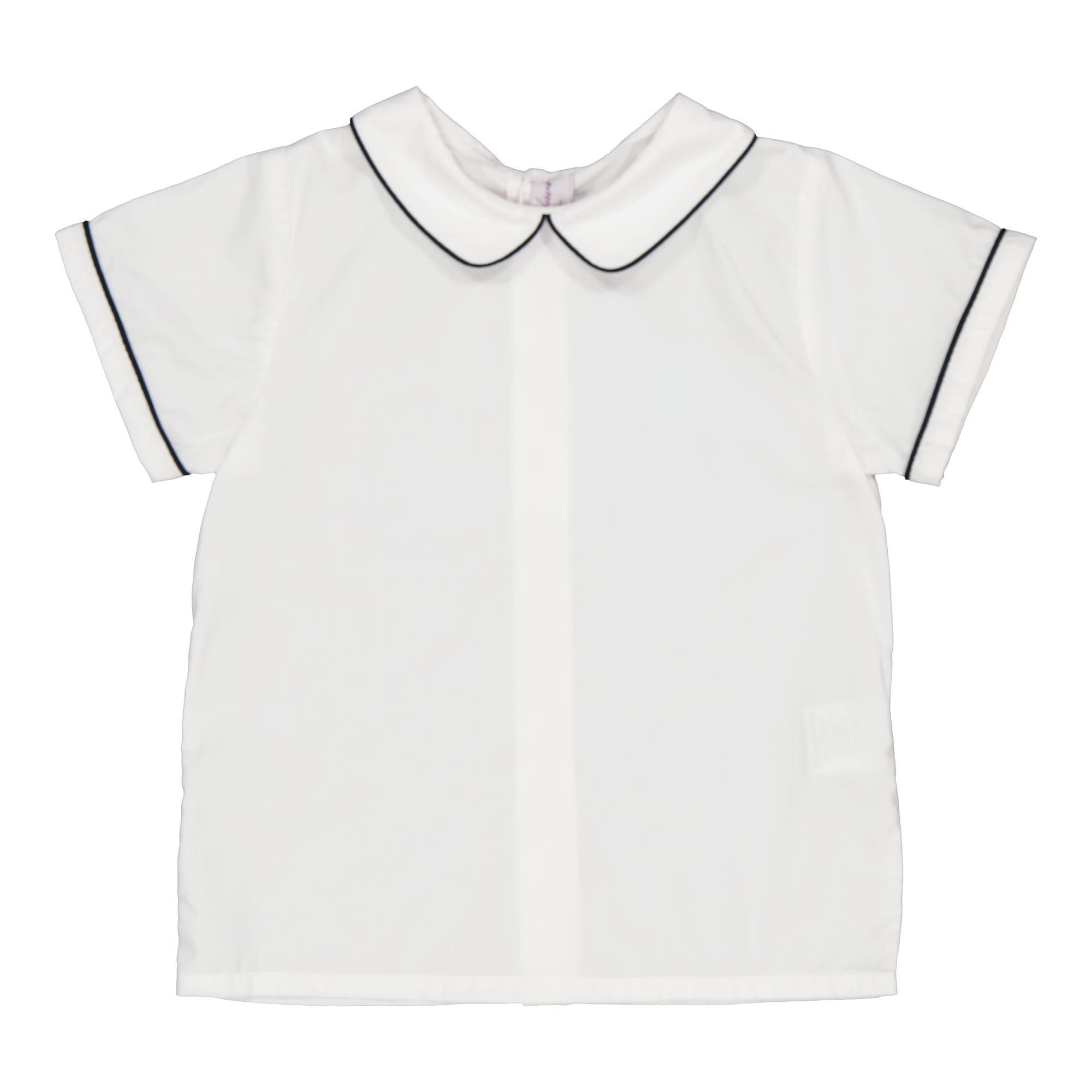 Clovis, boy shirt with navy piping on its short sleeves and mac milan collar, in White poplin