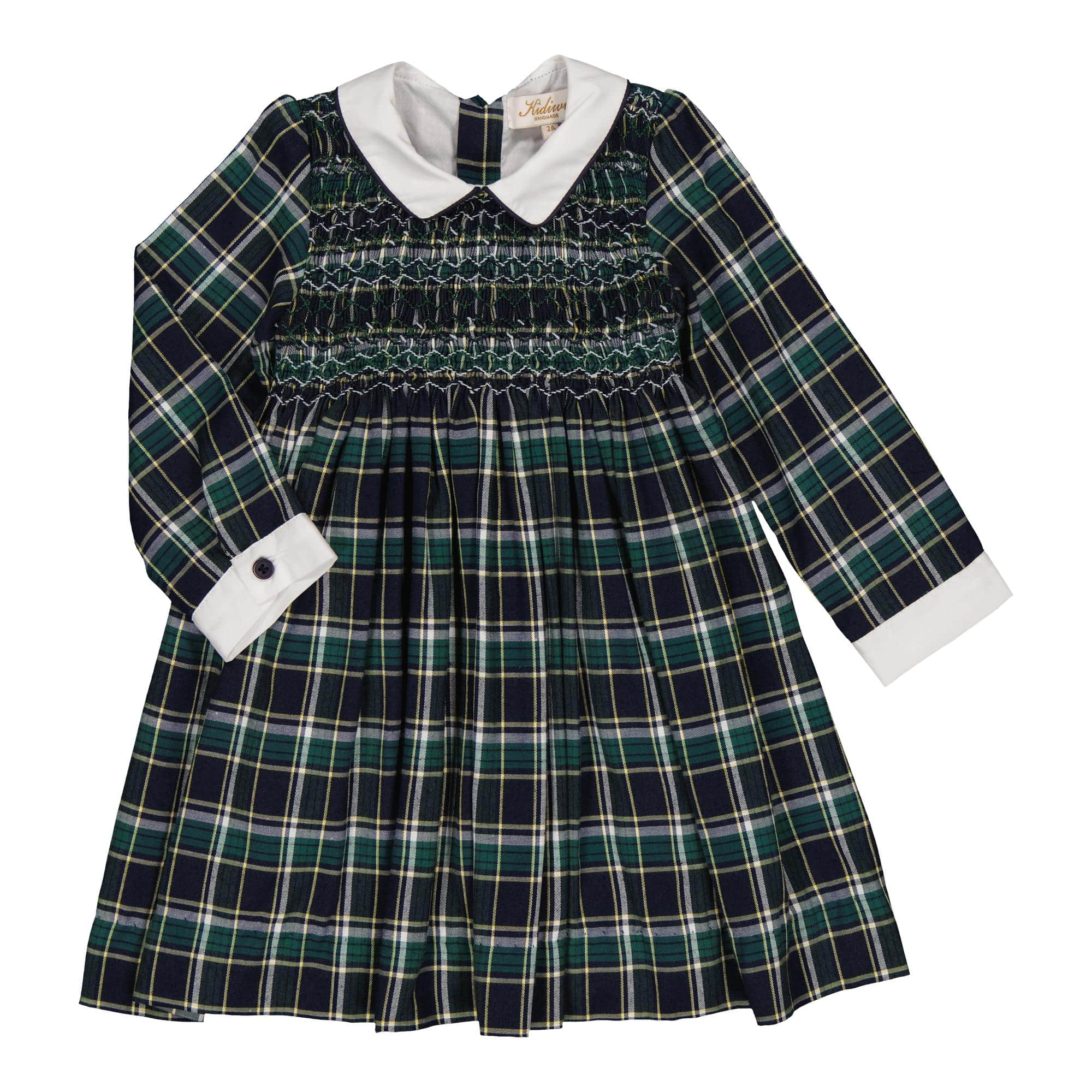 Coline, robe à smocks en tartan bleu et vert