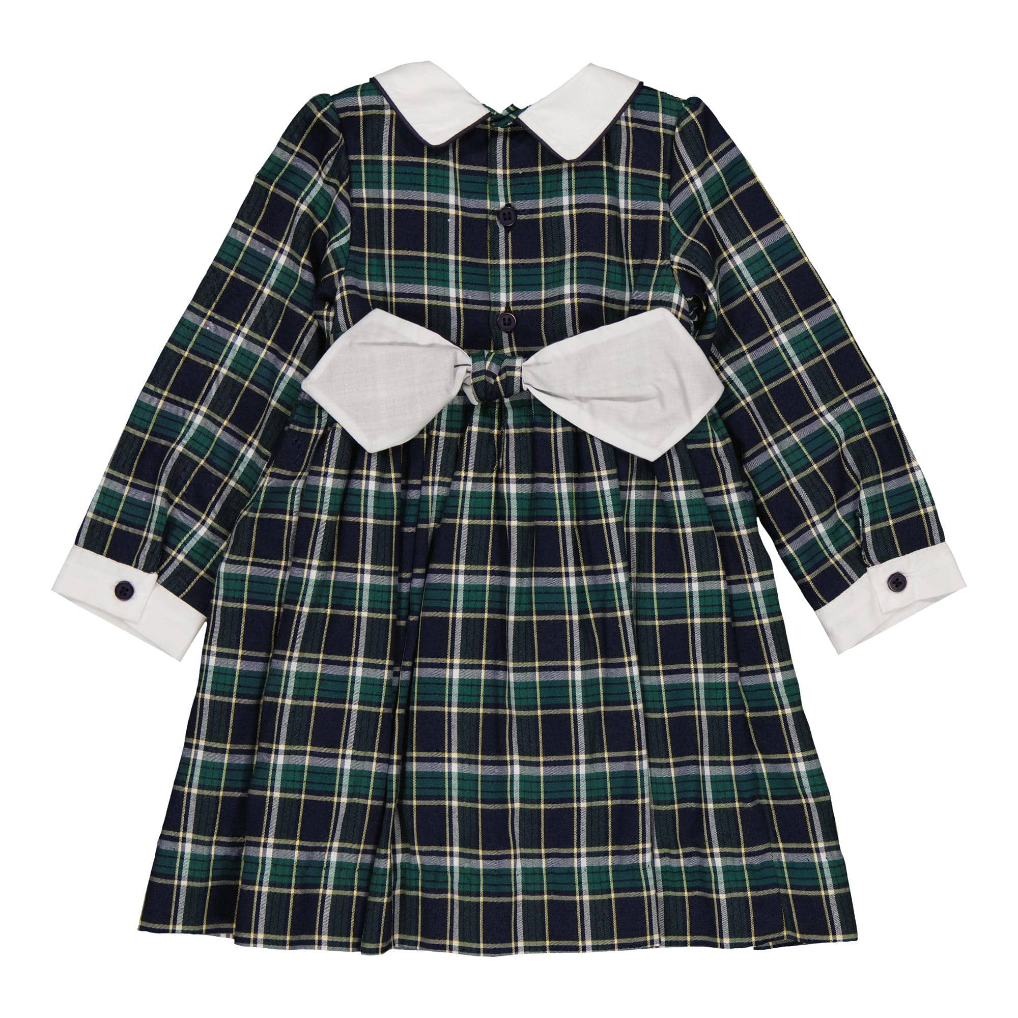 Coline, robe à smocks en tartan bleu et vert