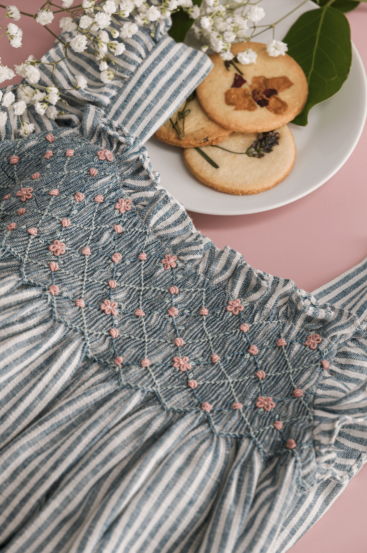 Crocus, smocked dress with ruffled sleeves, in Teal stripes linen