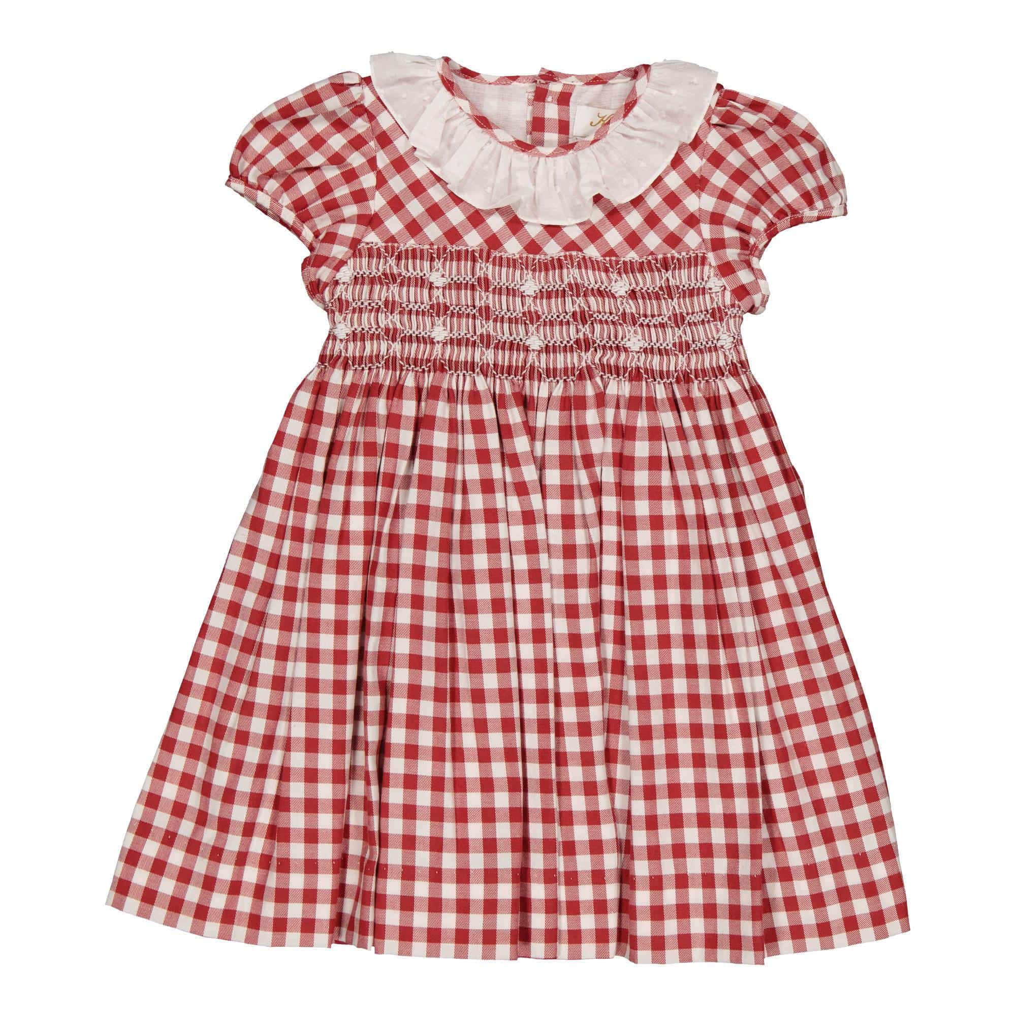 Daria, robe à smocks en sergé vichy rouge large