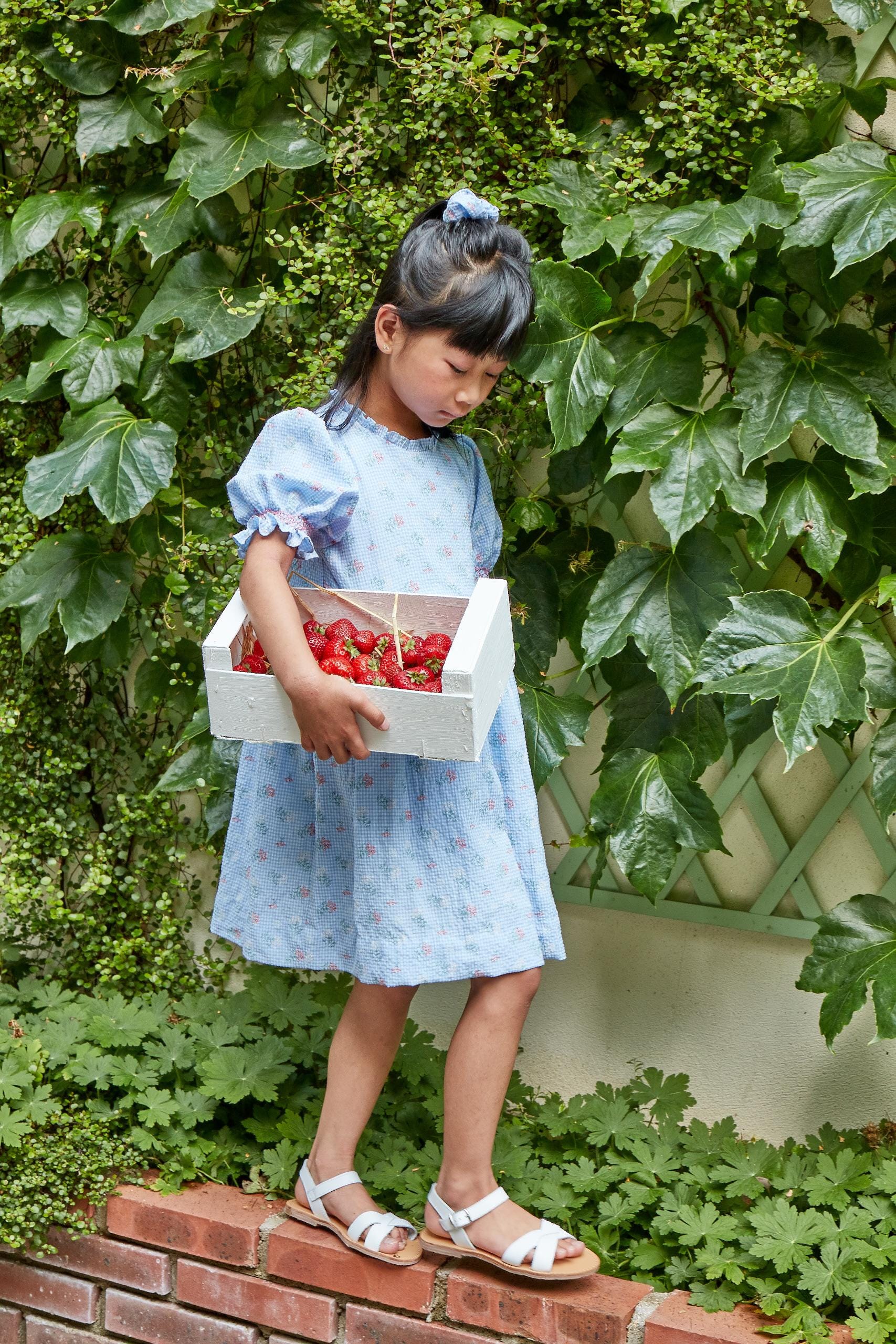 Délia-B, robe à manches fantaisies et encolure volantée, en vichy seersucker bleu avec imprimé bouquet de fleurs