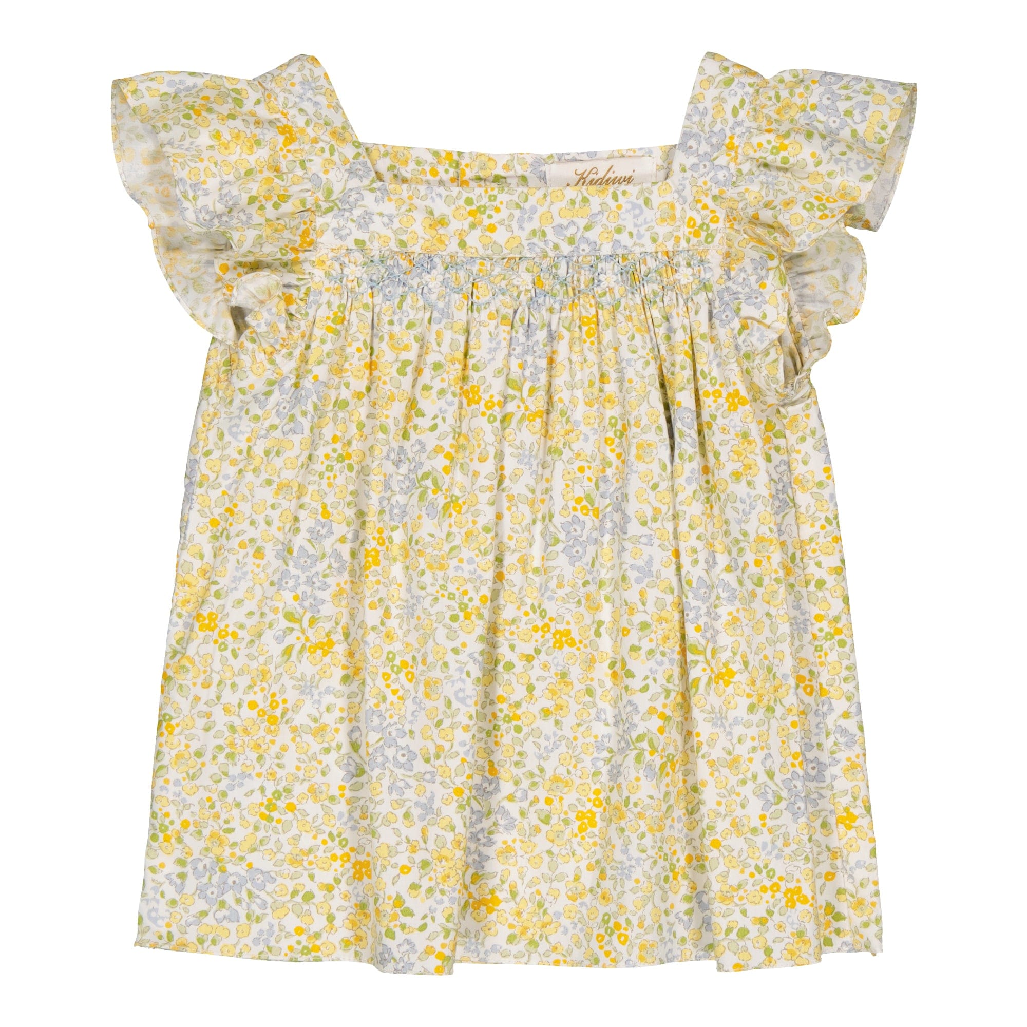 Dianella, blouse smockée imprimé petites fleurs jaunes/bleues