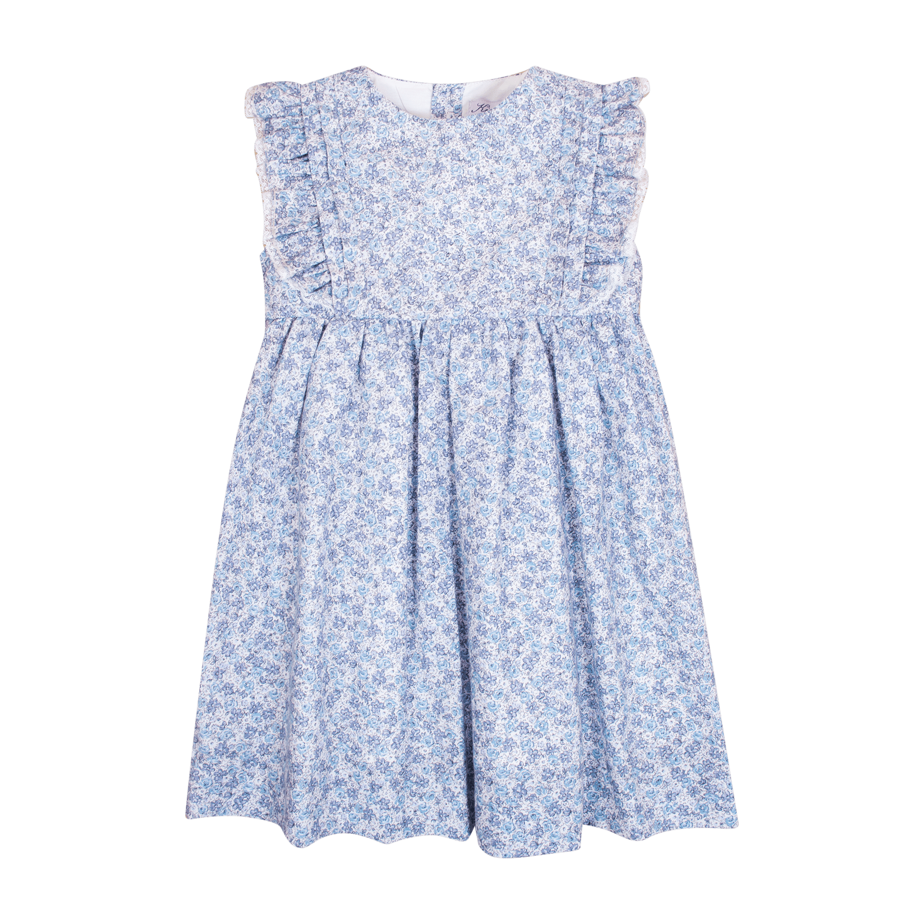 Amsonia,robe sans manche, avec des volants sur les emmanchures et fintions en dentelle, en imprimé petites fleurs bleues-sleeveless dress, with ruffles on the armholes and lace finishes, in a small blue flower print