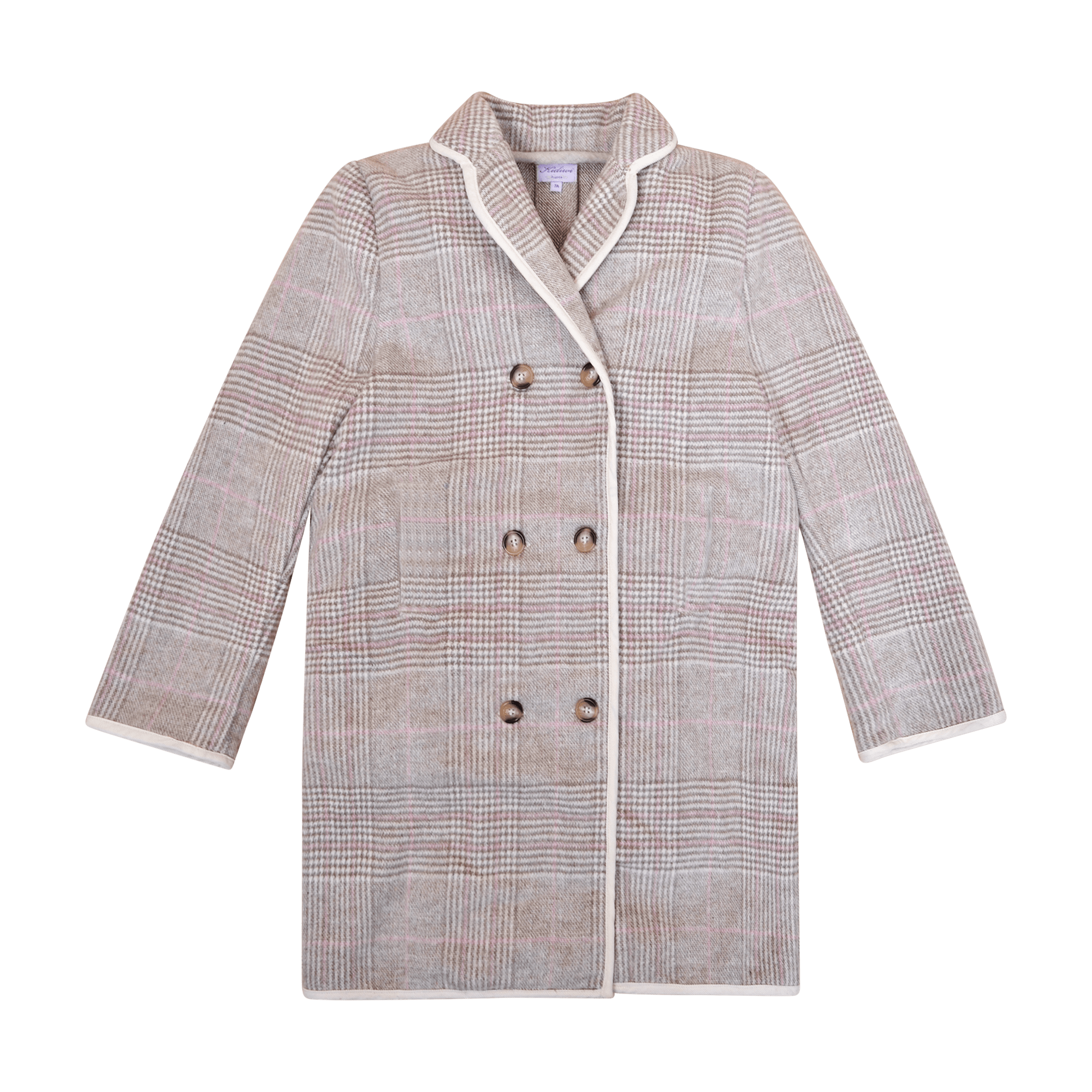 Edith, Manteau fille mi-long, en Tartan Beige avec de la laine - Edith, Mid-length girl's coat, in Beige Tartan with wool