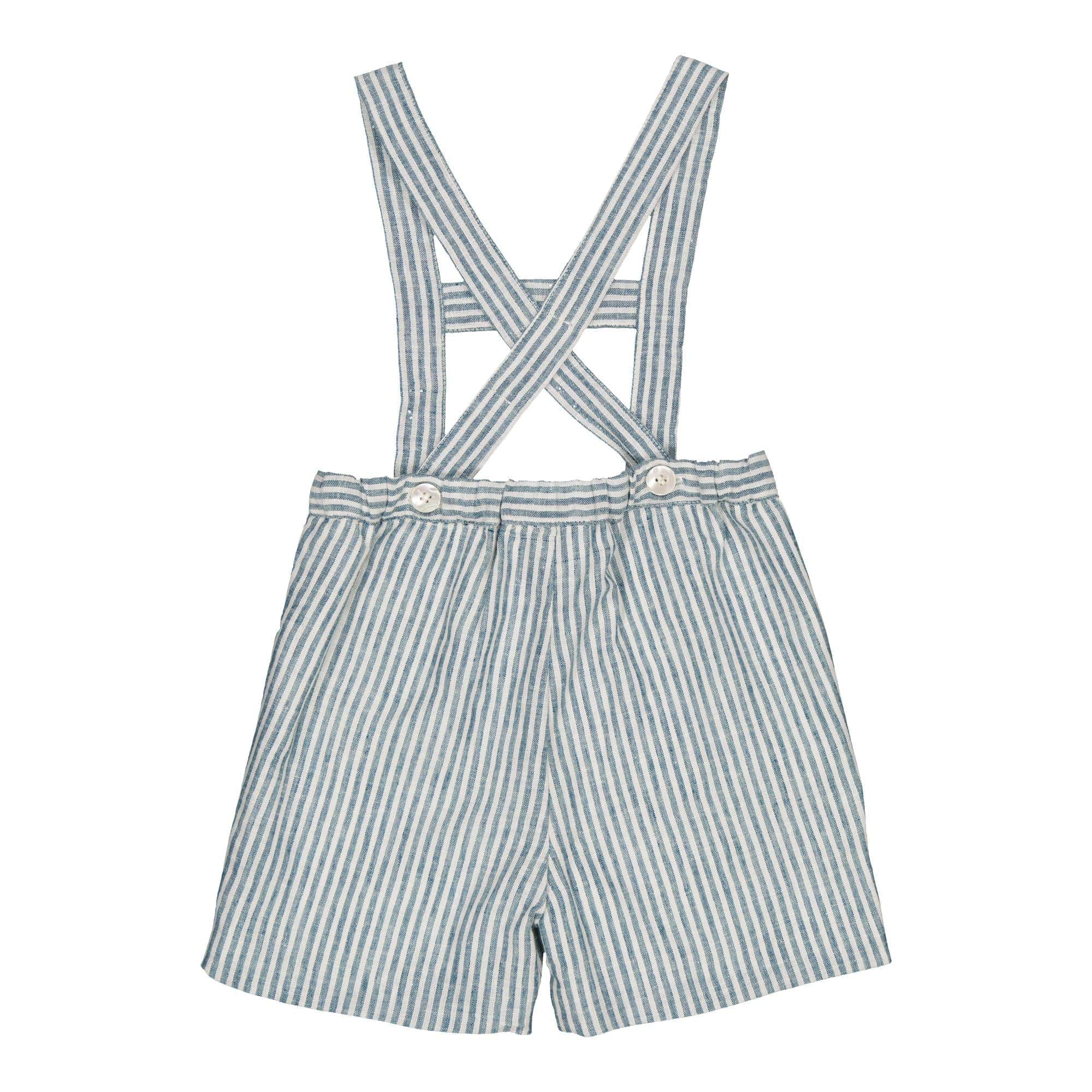 Elias, Boy dungarees with H bar, in Teal stripes linen