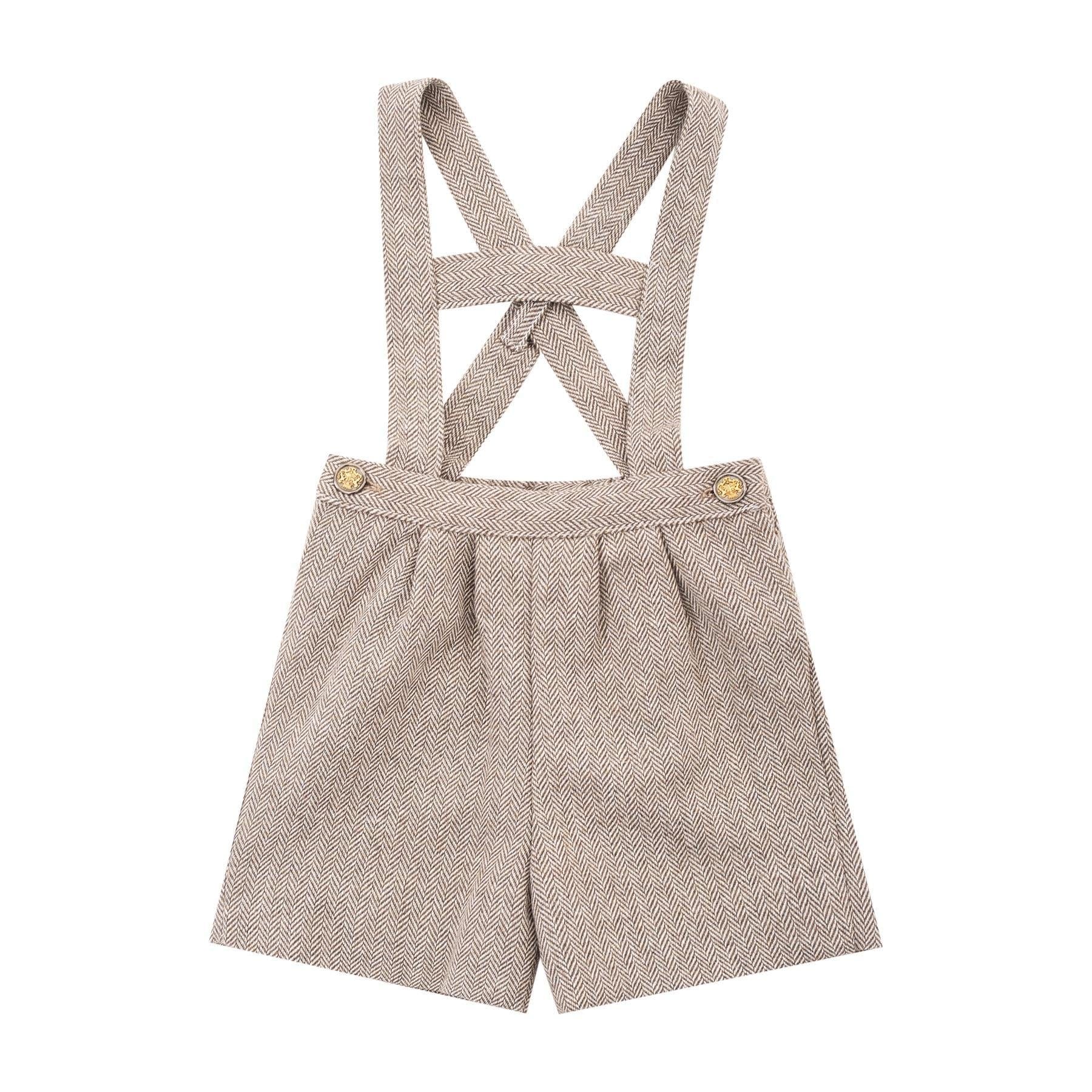 Elias, Boy's high bar dungarees H, in Brown herringbones with wool