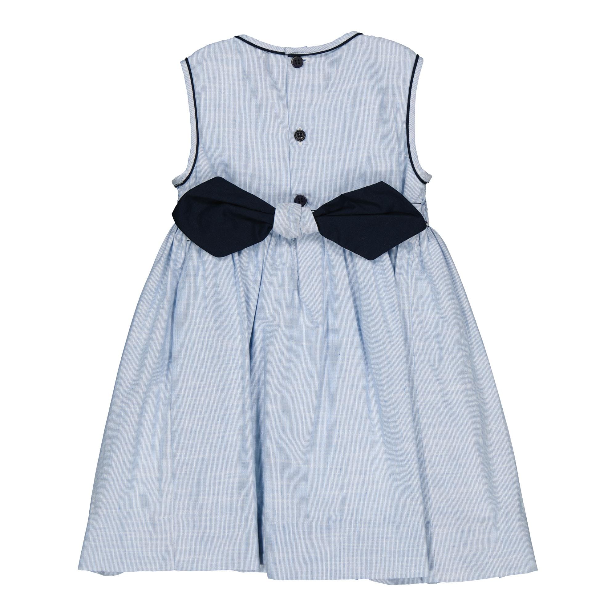 Emma, sleeveless, dress with fully smocked top, inThin blue and whites stripes