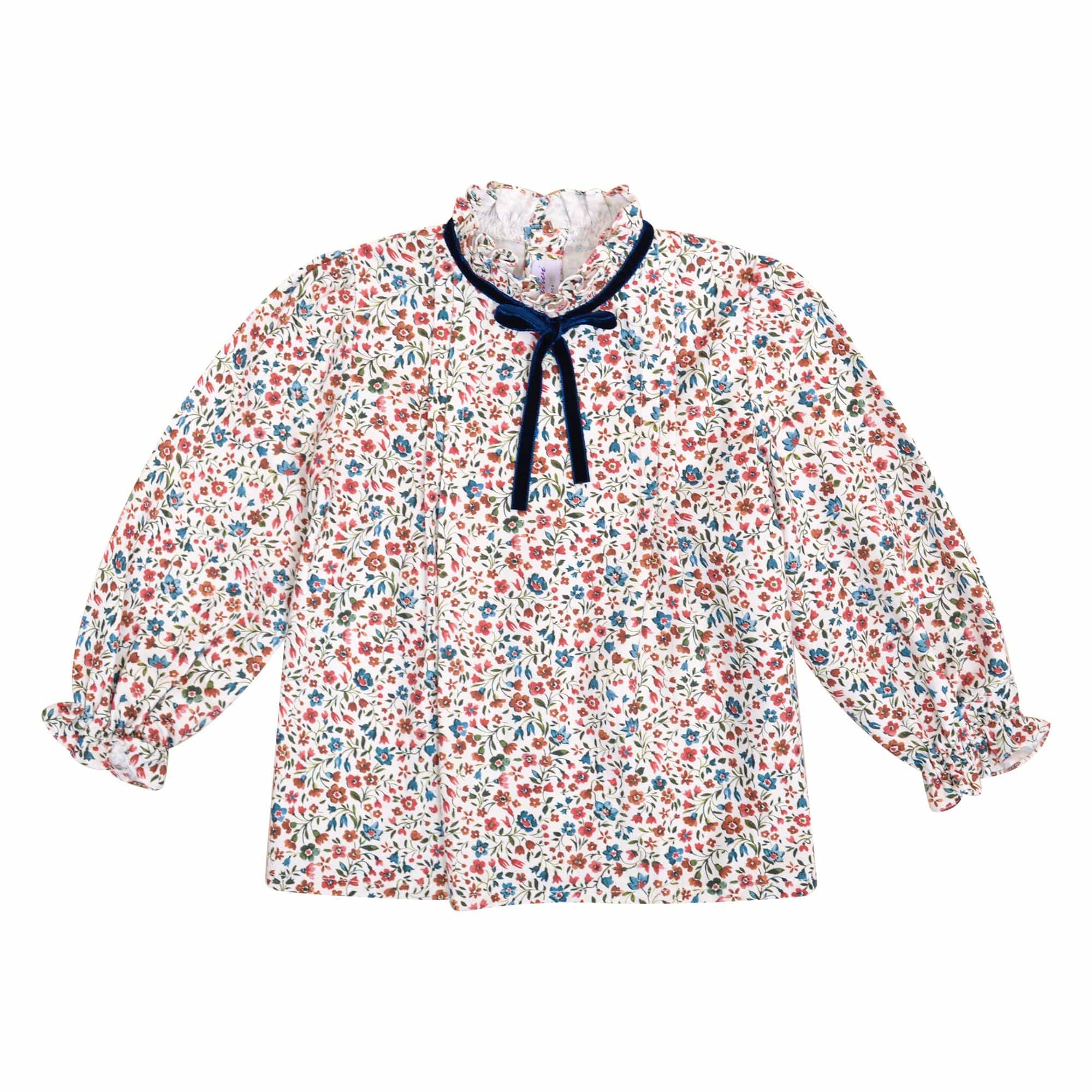 Esmée, Blouse fille manches longues, col haut volanté avec ruban velours, nervures sur l'épaule, imprimé fleurs de Noël - Esmée, Girl's long-sleeved blouse, high ruffled collar with velvet ribbon, pintucks on the shoulder, in Christmas flower print