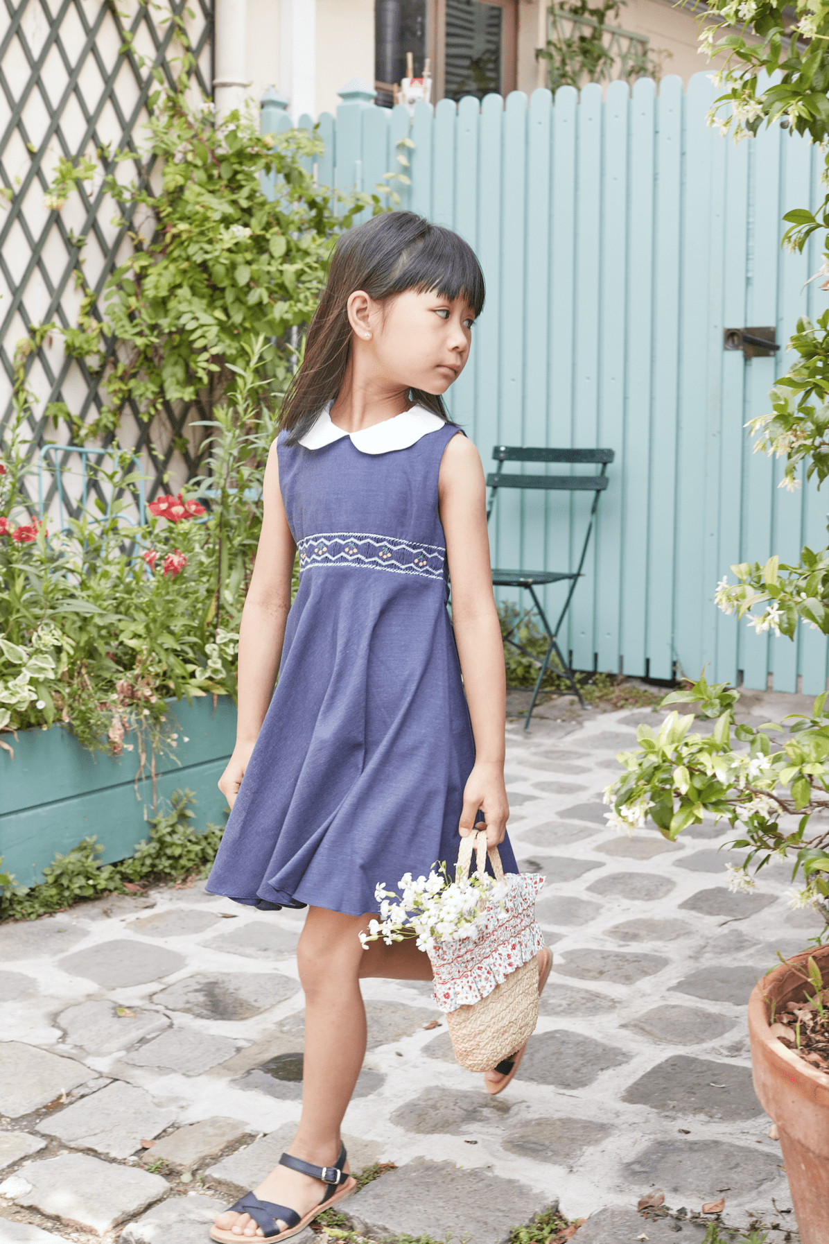 Fantine, smocked dress with white scalopped collar, bias cut skirt, in Jean chambray