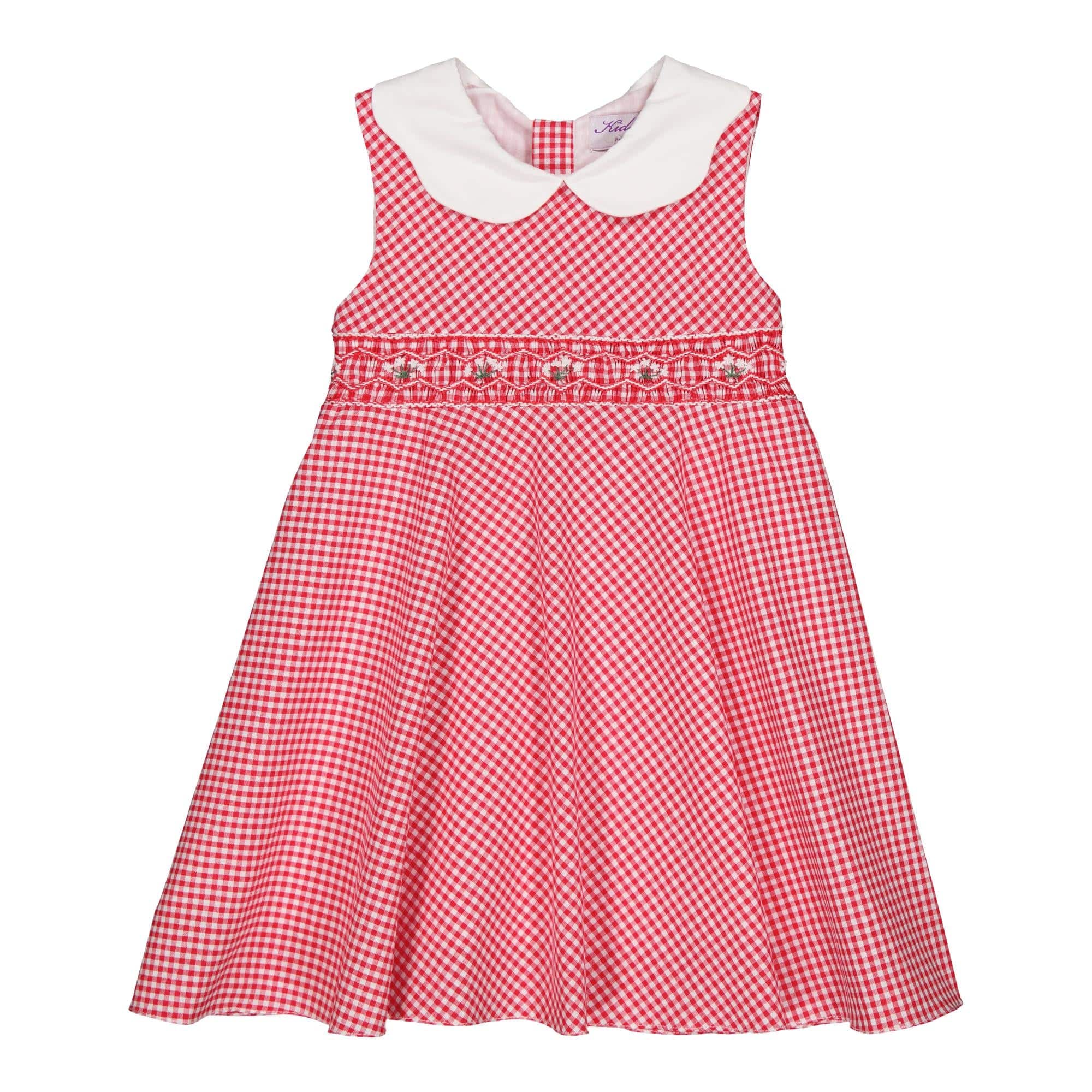 Fantine, smocked dress with white scalopped collar, bias cut skirt, in Little red gingham