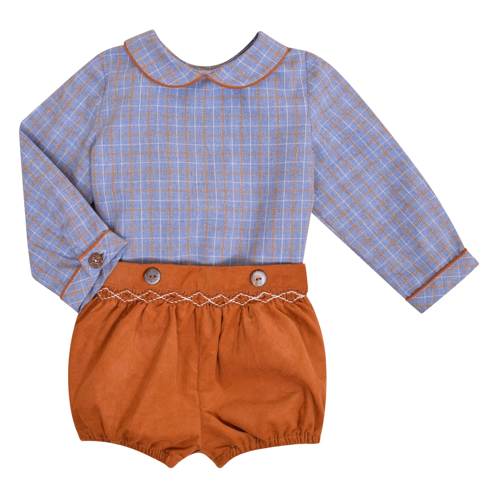 Harry, Blouse bébé manches longues, col claudine avec passepoil, en Tartan bleu et cannelle Harry, Long-sleeved baby blouse, Peter Pan collar with piping, in Blue and cinnamon Tartan