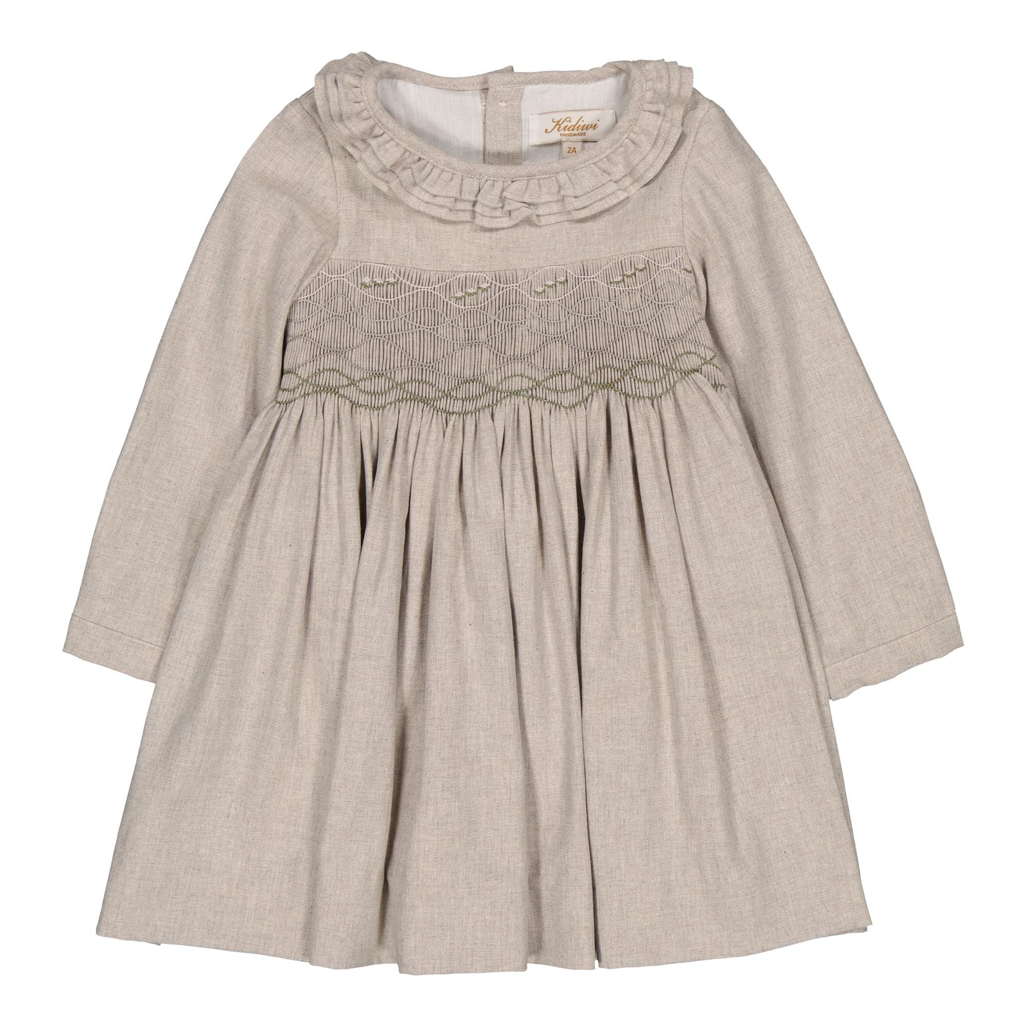 Hars, robe à smocks en sergé beige chiné