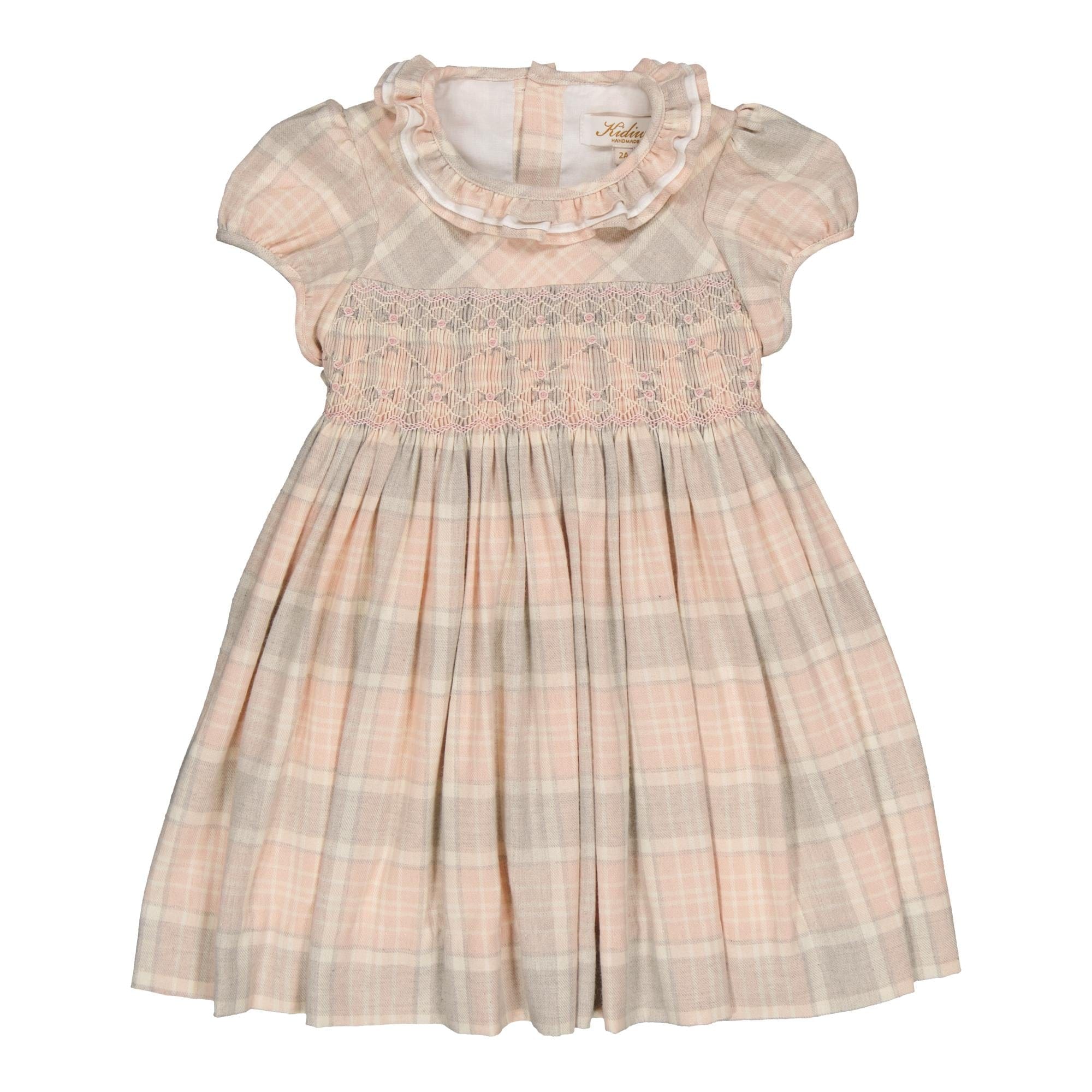 Hars, smocked dress, in Pink, beige, grey tartan