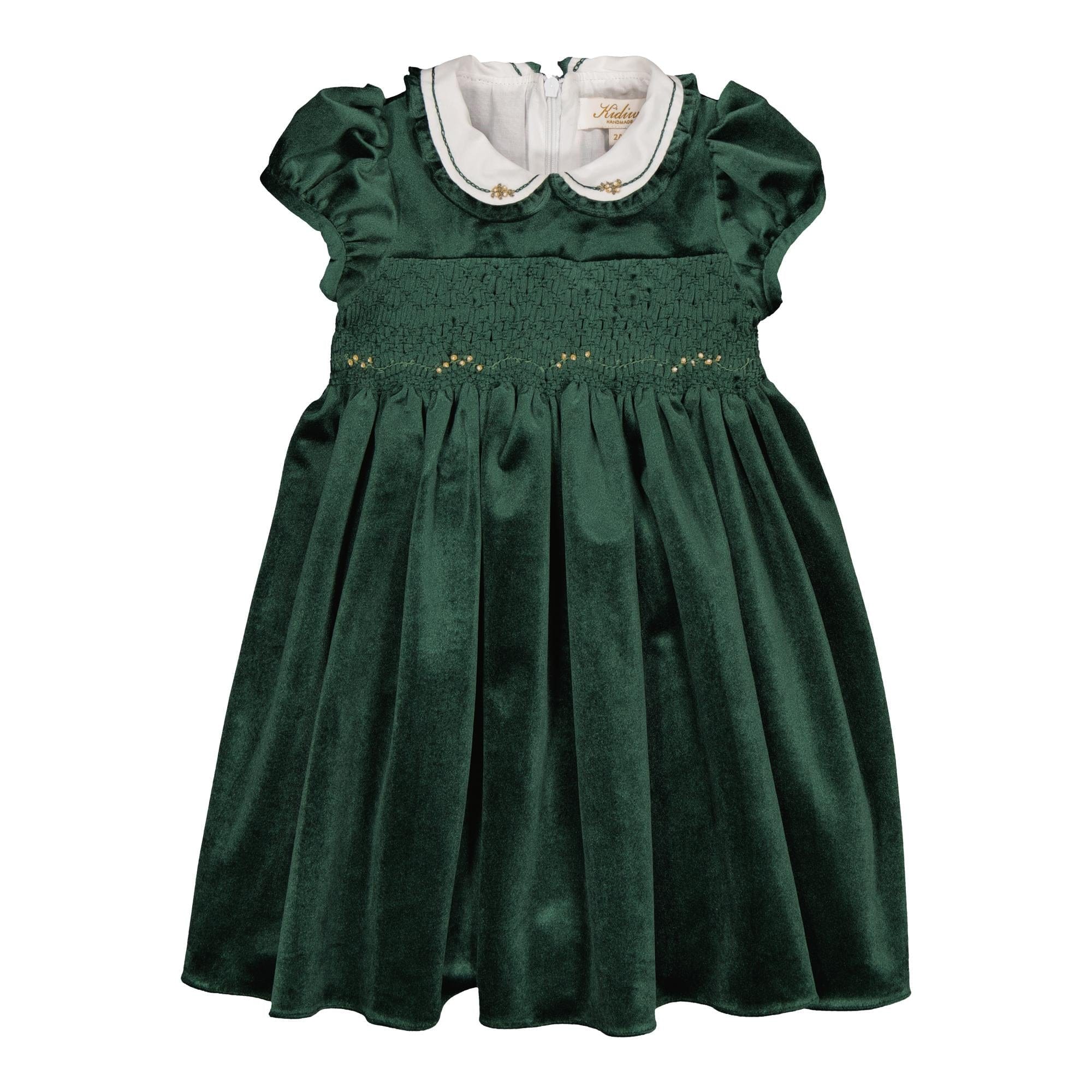 Héloïse, robe à smocks en velours vert émeraude