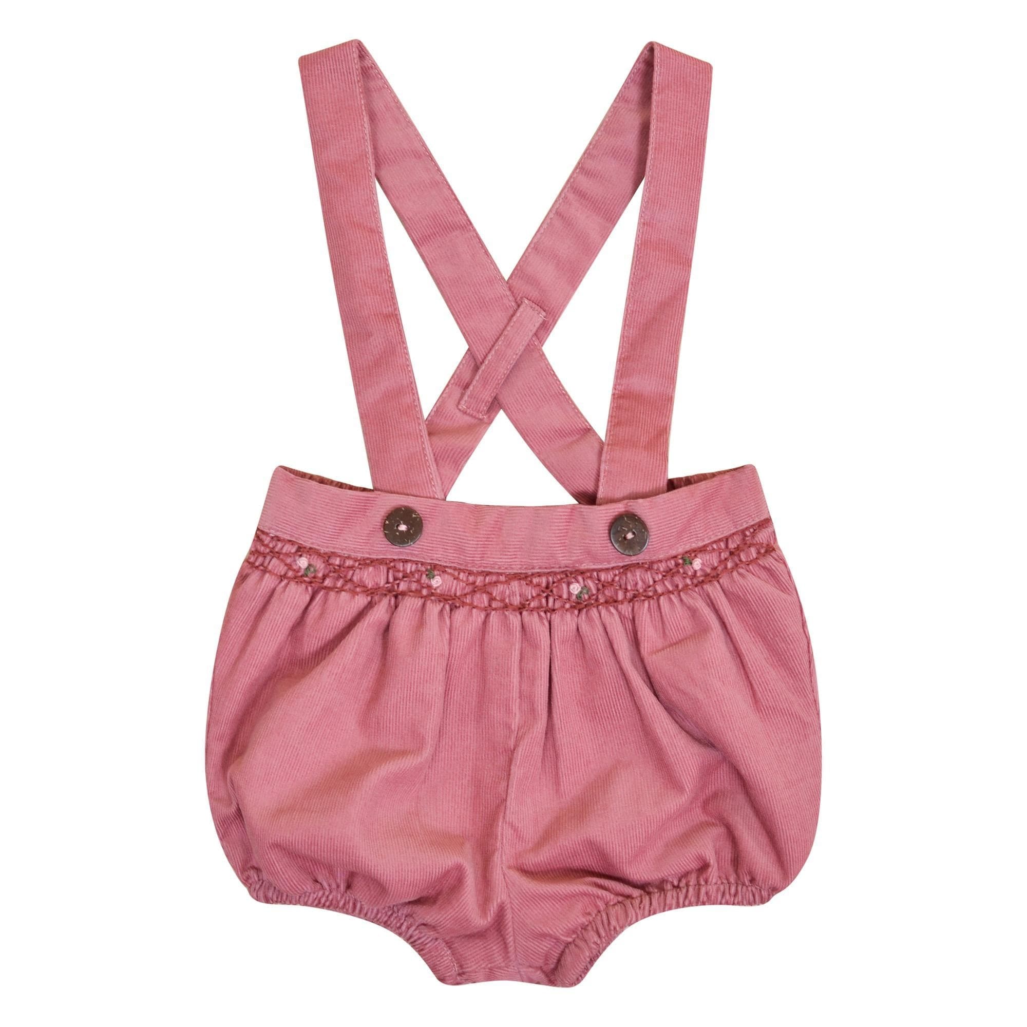 Jackie, Bloomer bébé, taille smockée et bretelles amovibles, en velours côtelé rose Marsala - Jackie, Baby bloomer, smocked waist and removable straps, in Marsala rose corduroy