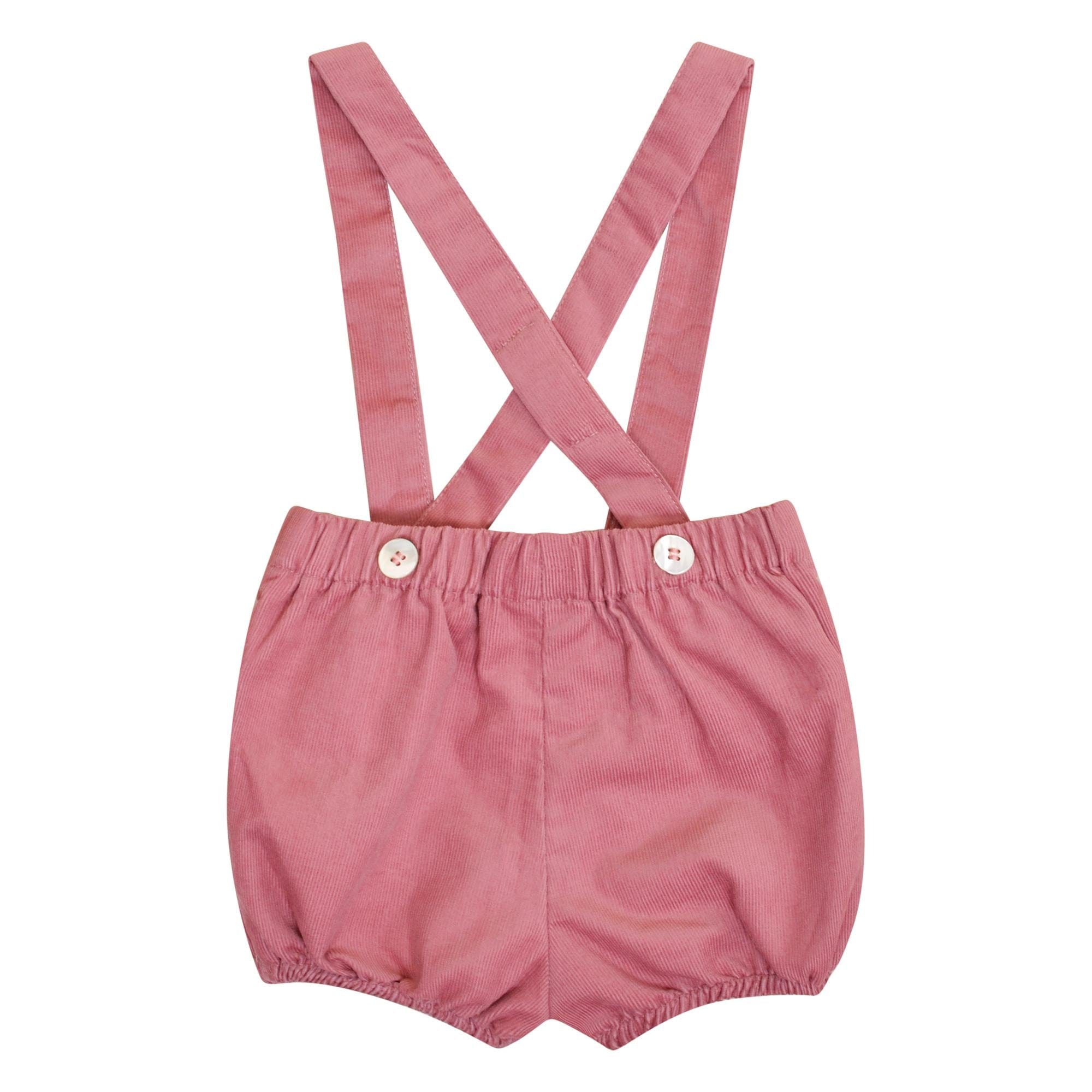 Jackie, Bloomer bébé, taille smockée et bretelles amovibles, en velours côtelé rose Marsala - Jackie, Baby bloomer, smocked waist and removable straps, in Marsala rose corduroy