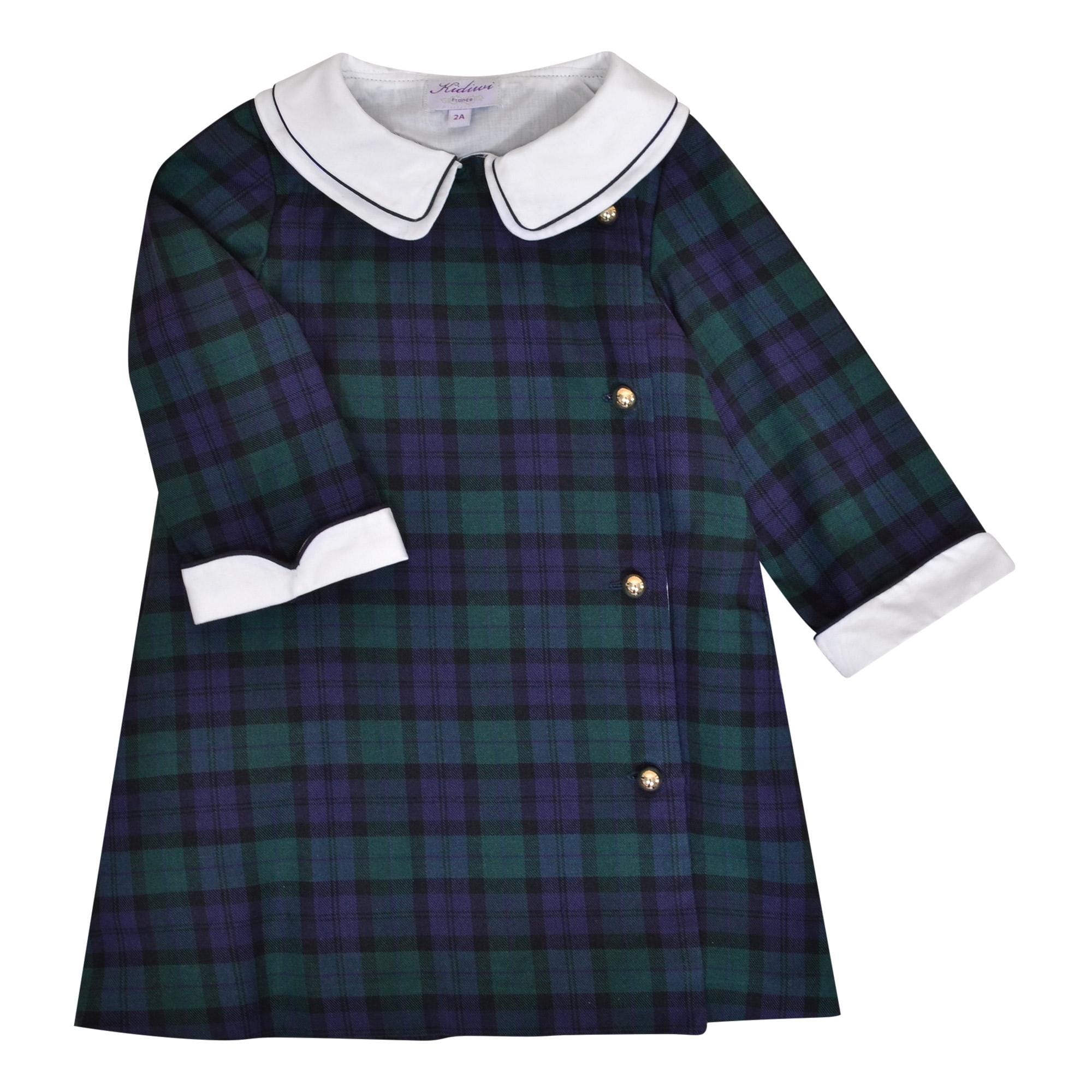 Jeanne, 3/4 sleeve dress with lapel, double collar, side opening, in Cotton Blackwatch tartan