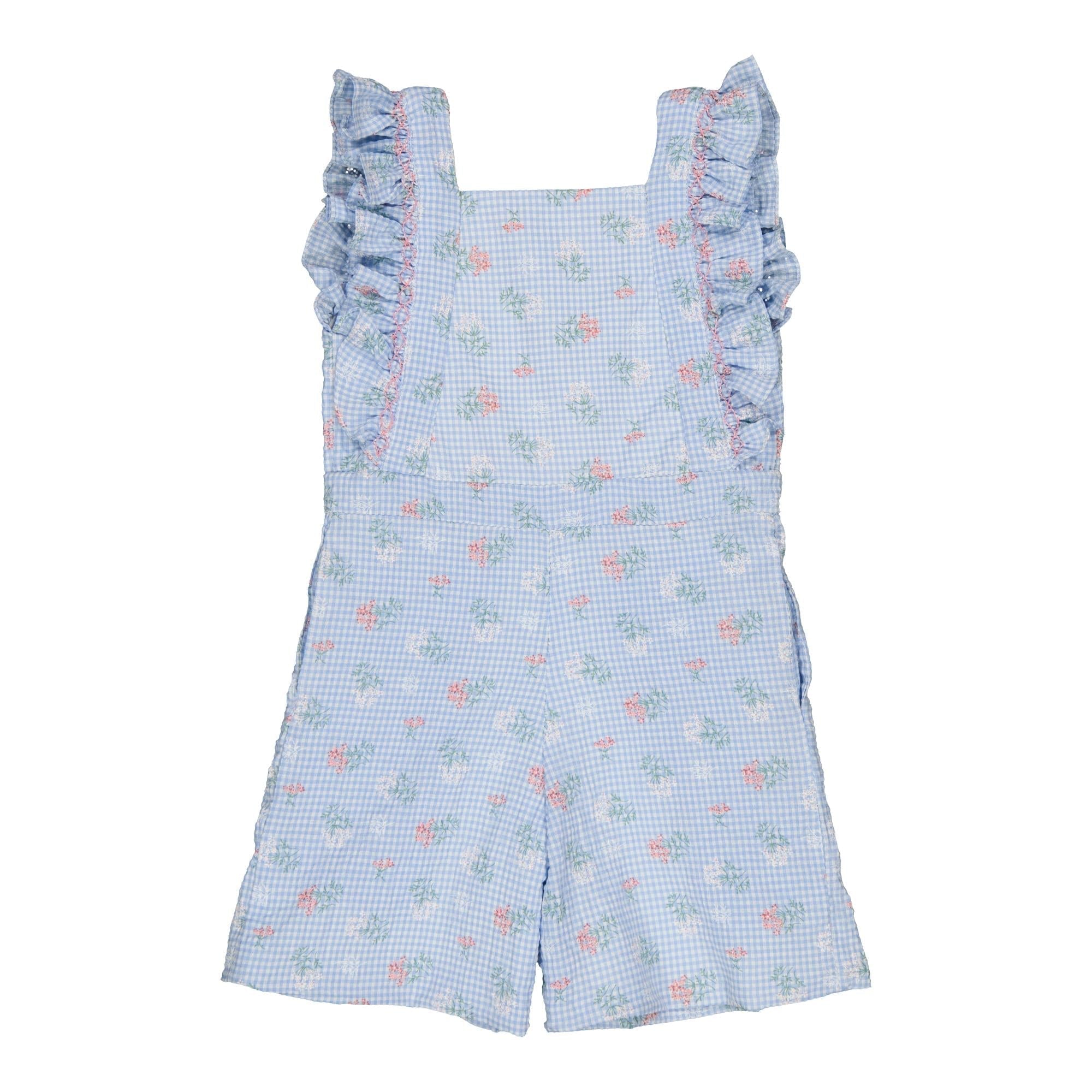 Laéline,  girl dungarees with ruffled smocked straps, in Blue seersucker gingham with bouquet print