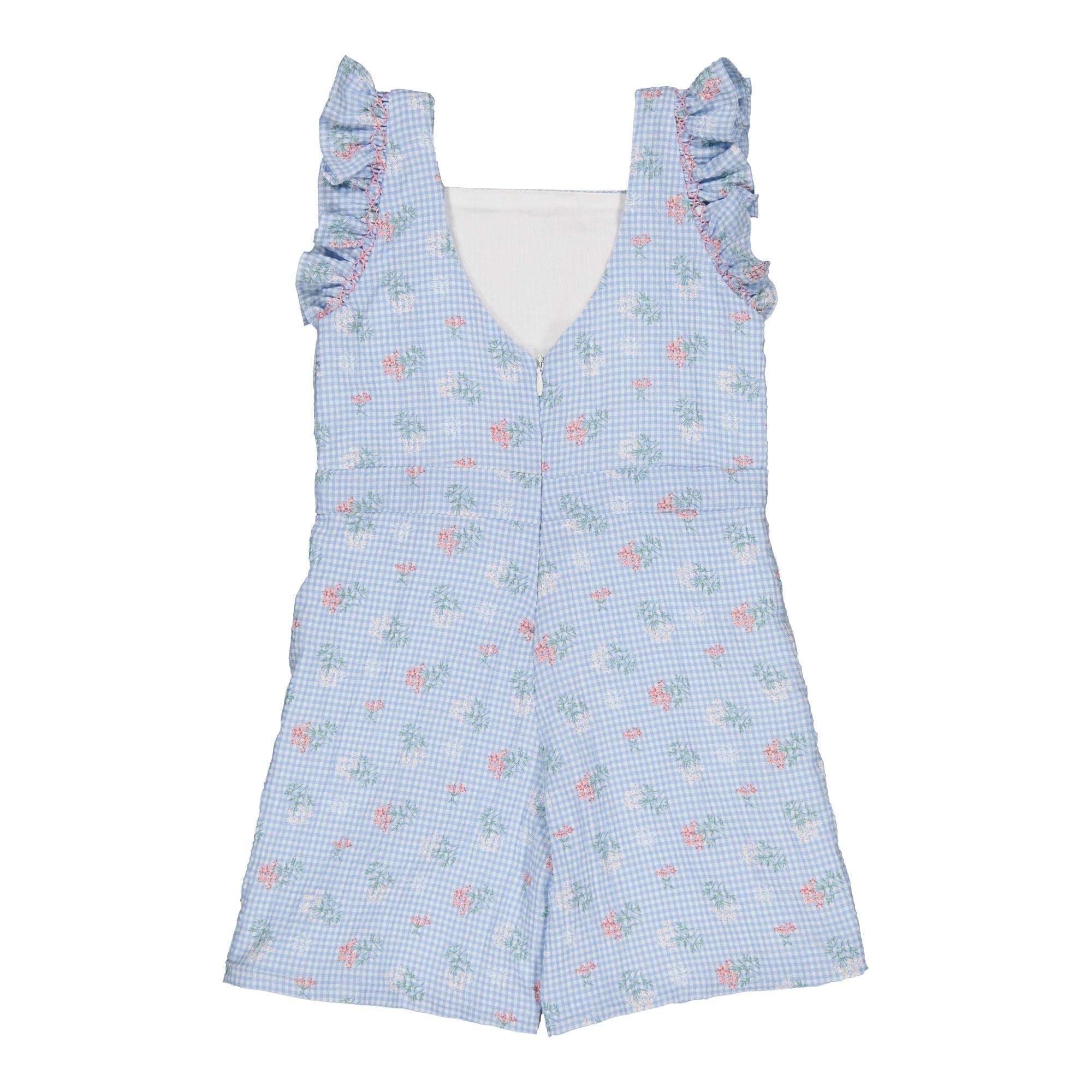 Laéline,  girl dungarees with ruffled smocked straps, in Blue seersucker gingham with bouquet print