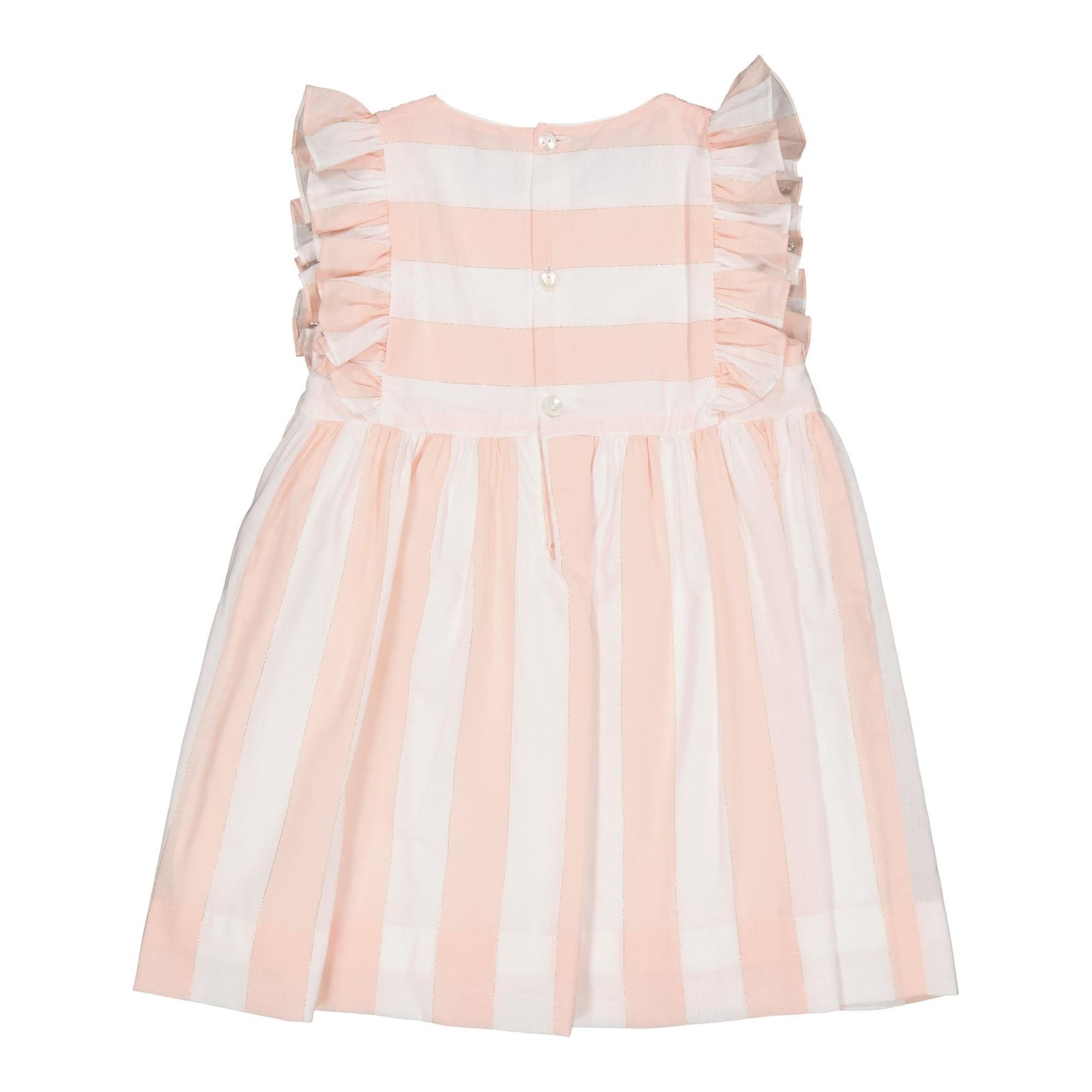 Léa, smocked dress with ruffled sleeves and square neckline, in Large pink  nude and lurex stripes