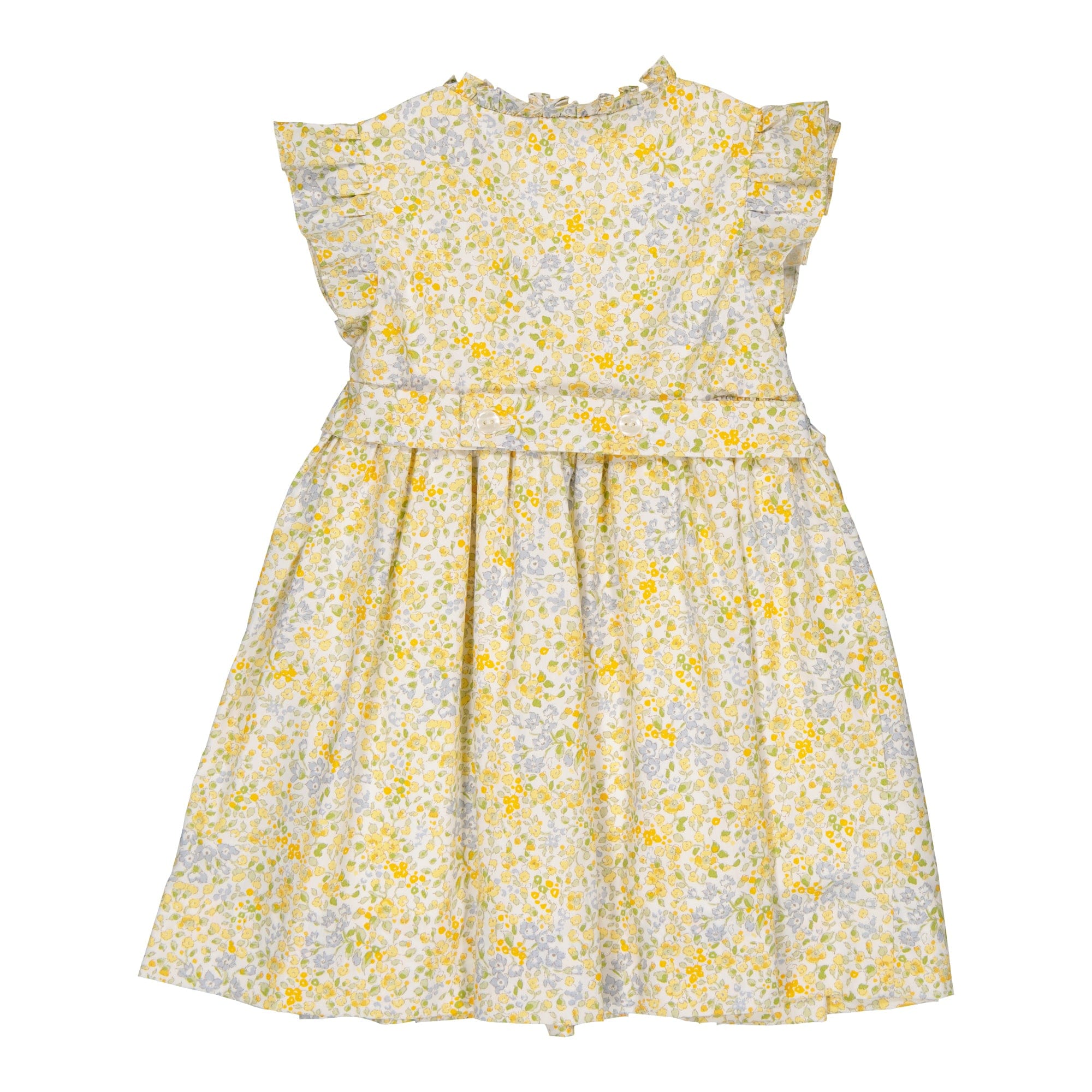 Lolyne, robe à smock imprimé de petites fleurs jaunes et bleues