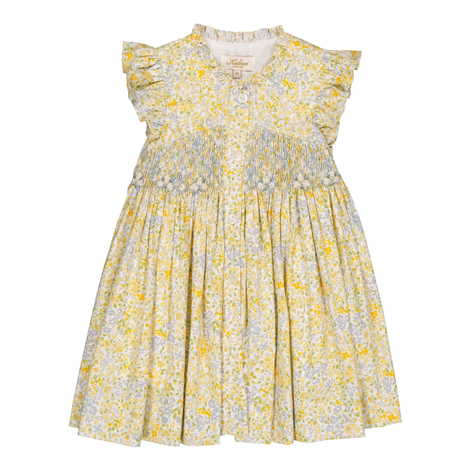 Lolyne, robe à smock imprimé de petites fleurs jaunes et bleues