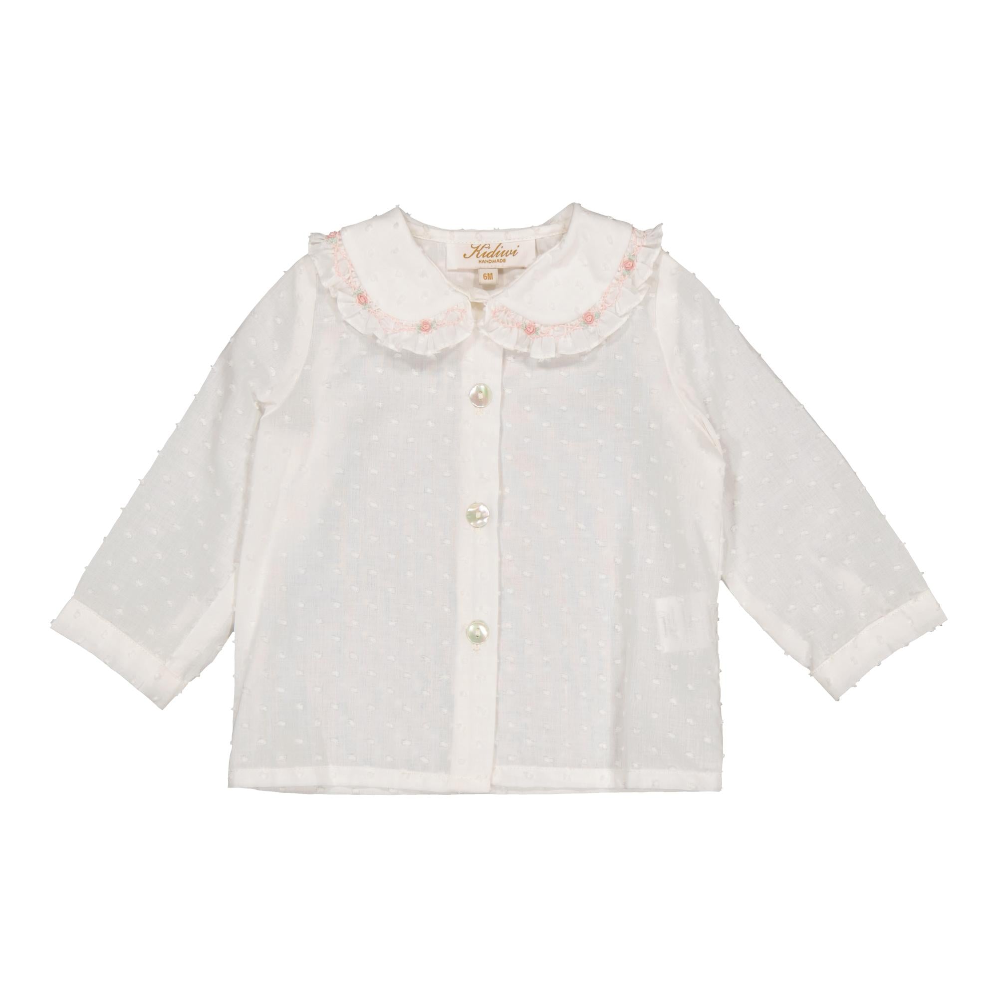 Lorena ML, blouse en plumetis blanc cassé broderies roses