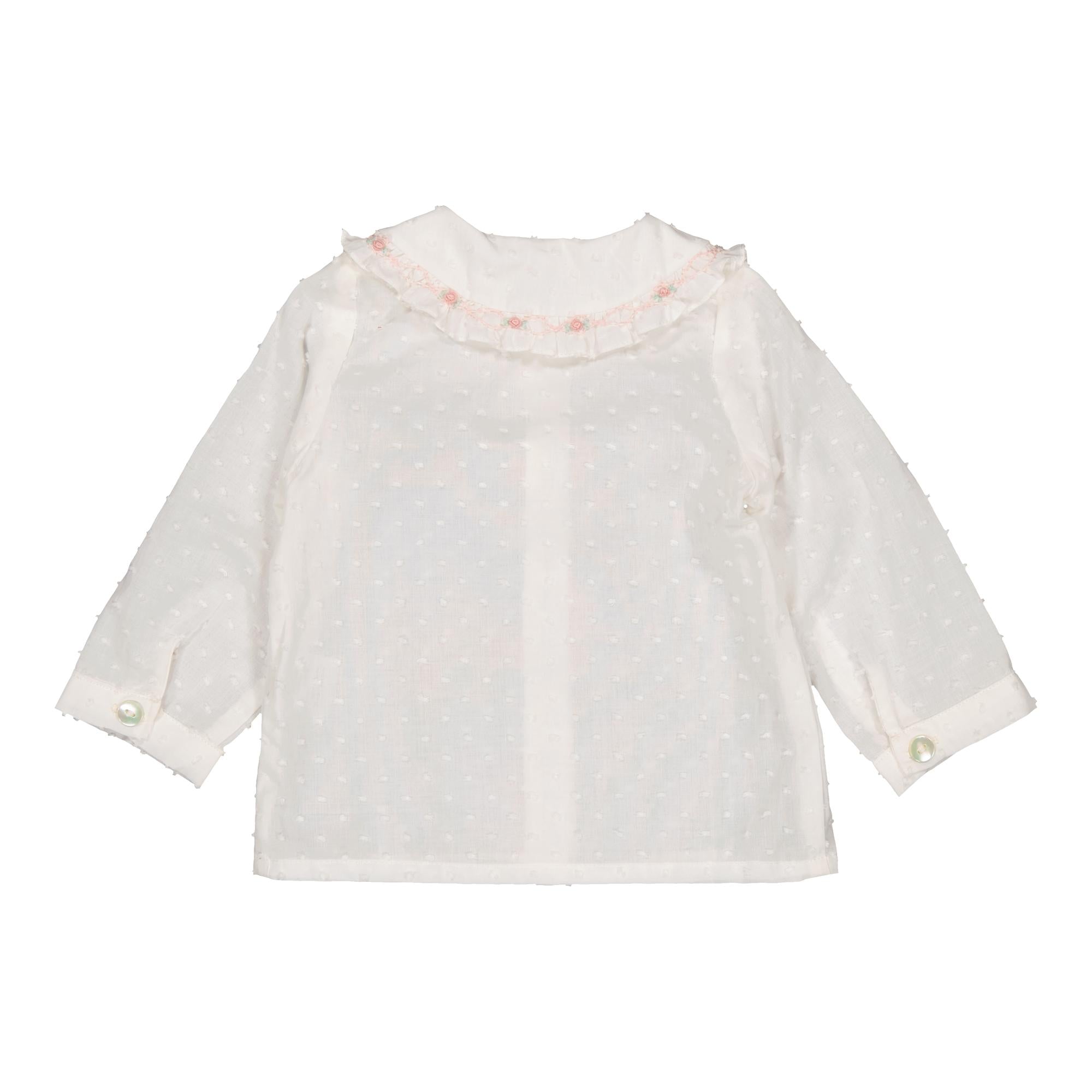 Lorena ML, blouse en plumetis blanc cassé broderies roses