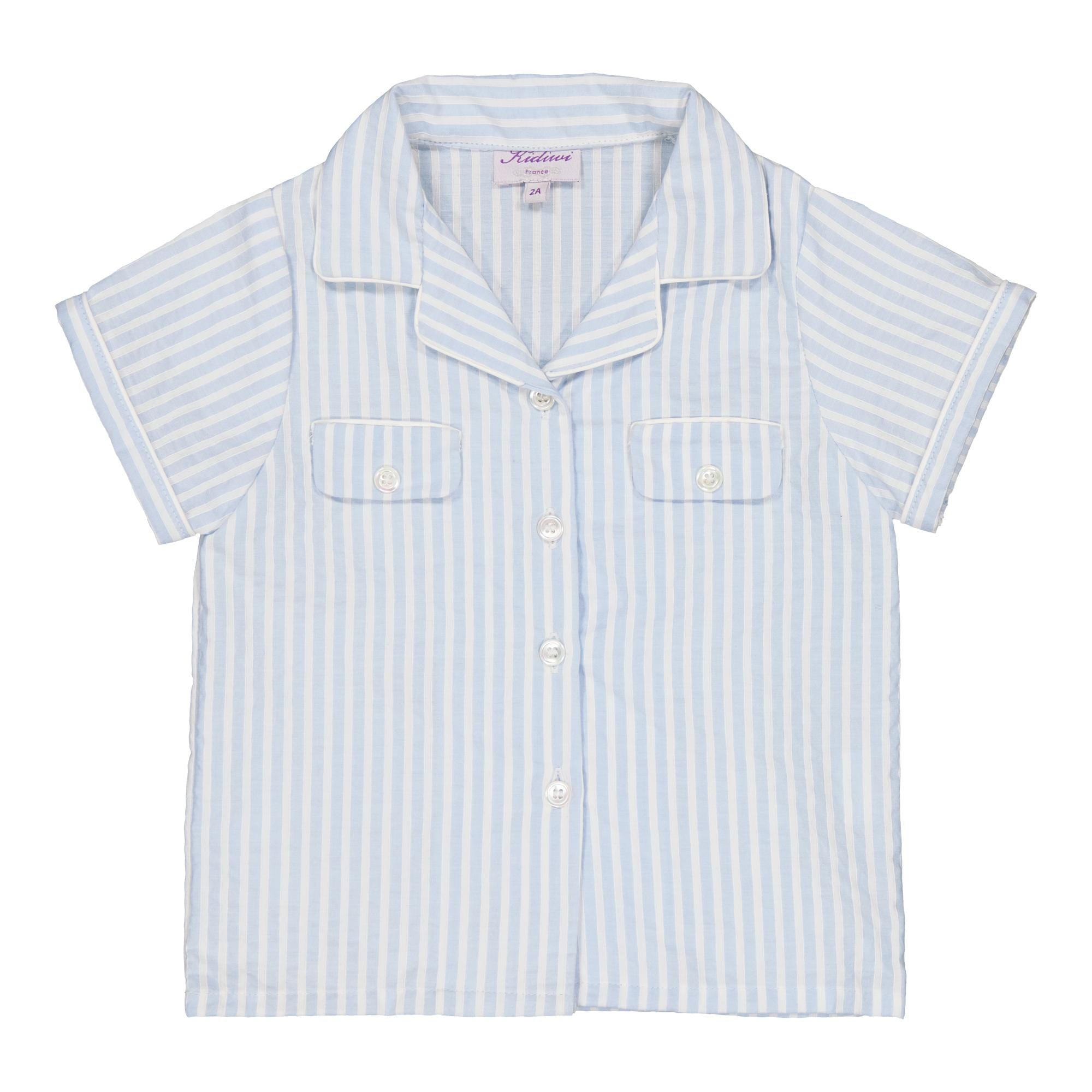 Lupin, boy shirt with lapel collar and short sleeves, in Blue and white seersucker stripes