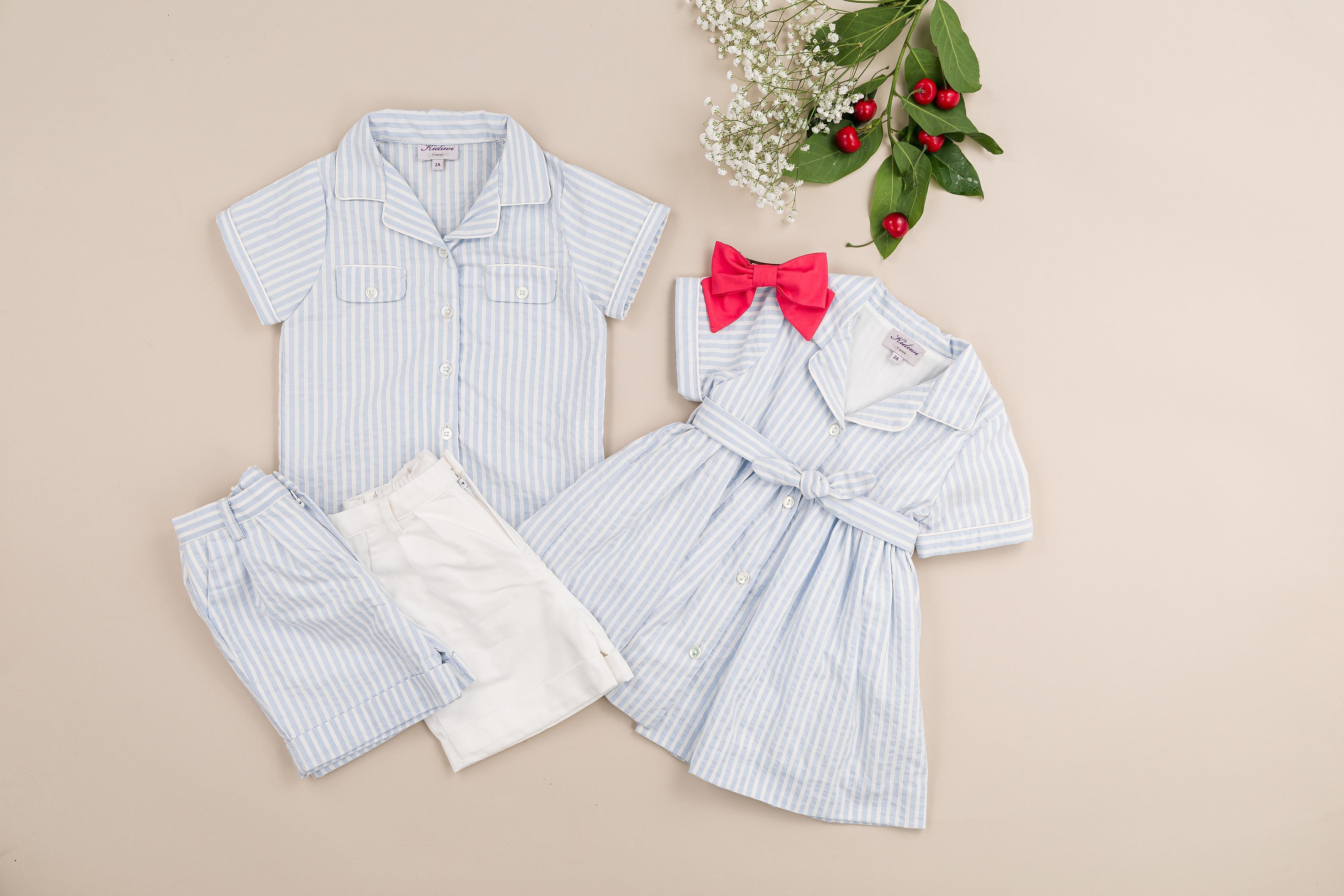 Lupin, boy shirt with lapel collar and short sleeves, in Blue and white seersucker stripes