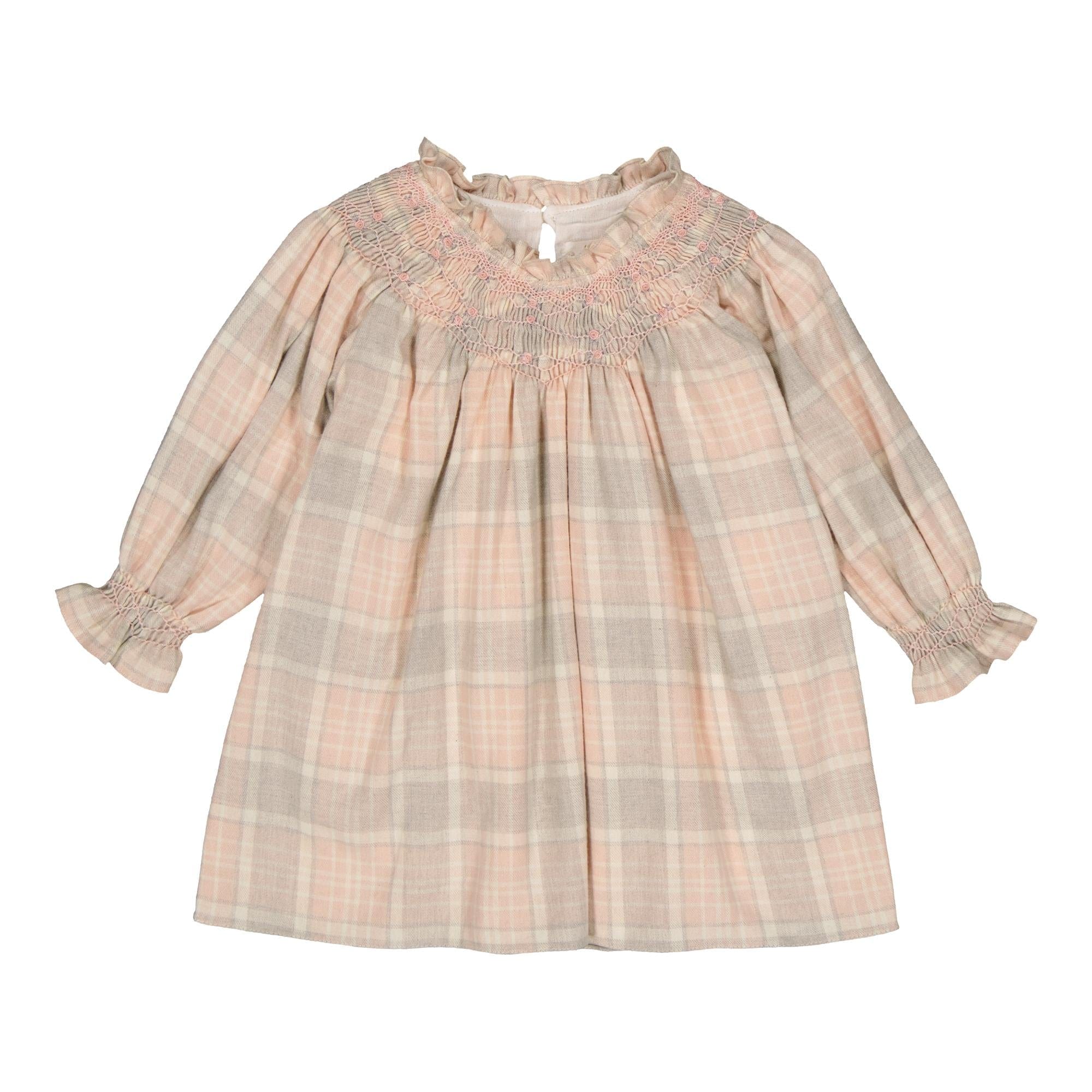 Maëlia, smocked dress, in Pink, beige, grey tartan