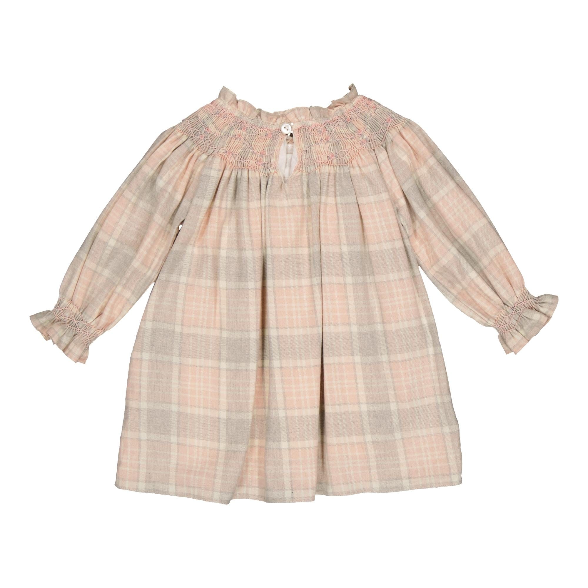 Maëlia, smocked dress, in Pink, beige, grey tartan