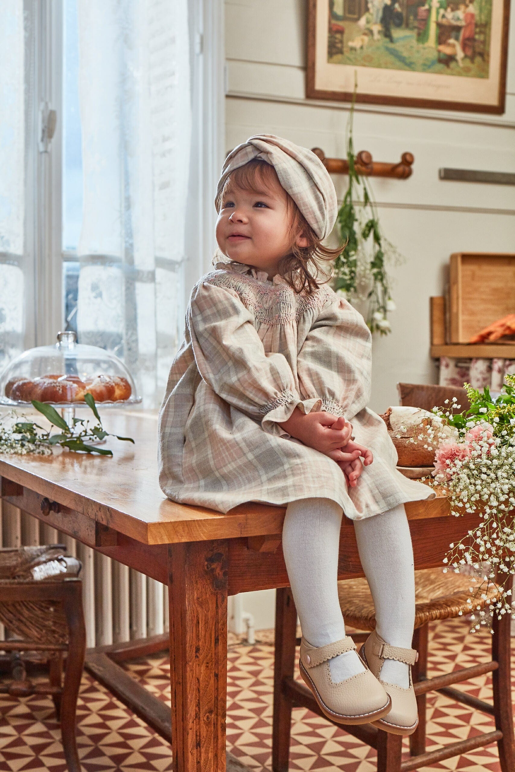 Maëlia, smocked dress, in Pink, beige, grey tartan