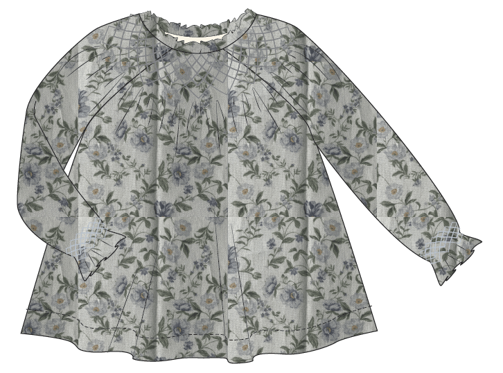 Maëline, Blouse femme imprimé romantique avec des fleurs bleues