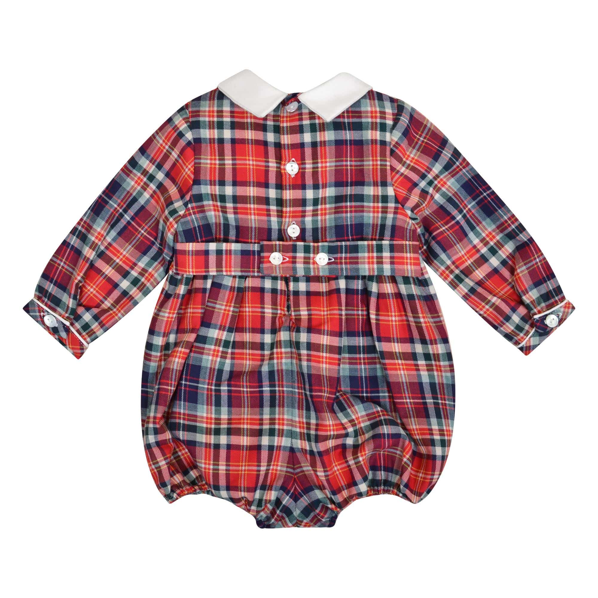 Mahé, Barboteuse bébé manches longues, col mac milan, taille smockée, en tartan rouge - Mahé, Long-sleeved baby romper, mac milan collar, smocked waist, in Red tartan