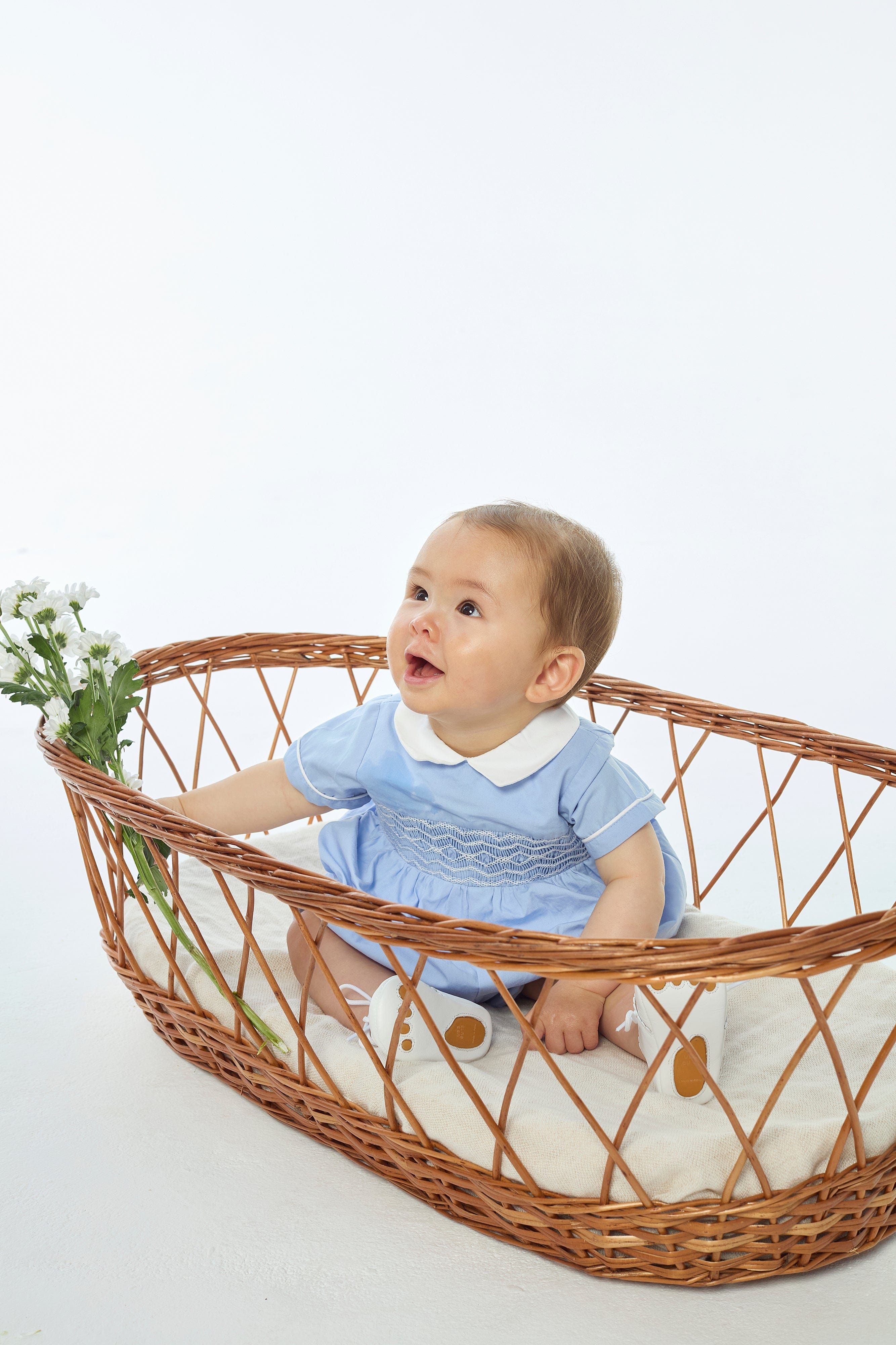 Mathéo, barboteuse smockée en popeline bleuet