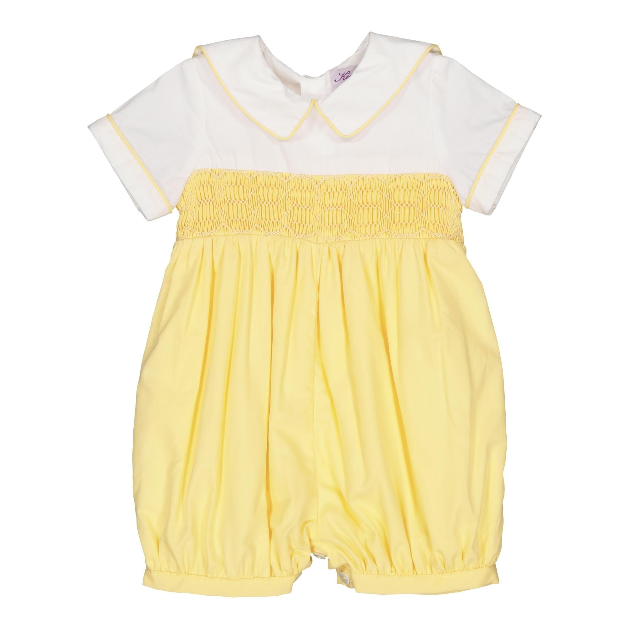 Mathis, smocked baby boy romper with white shirt and mac milan collar, in Yellow poplin