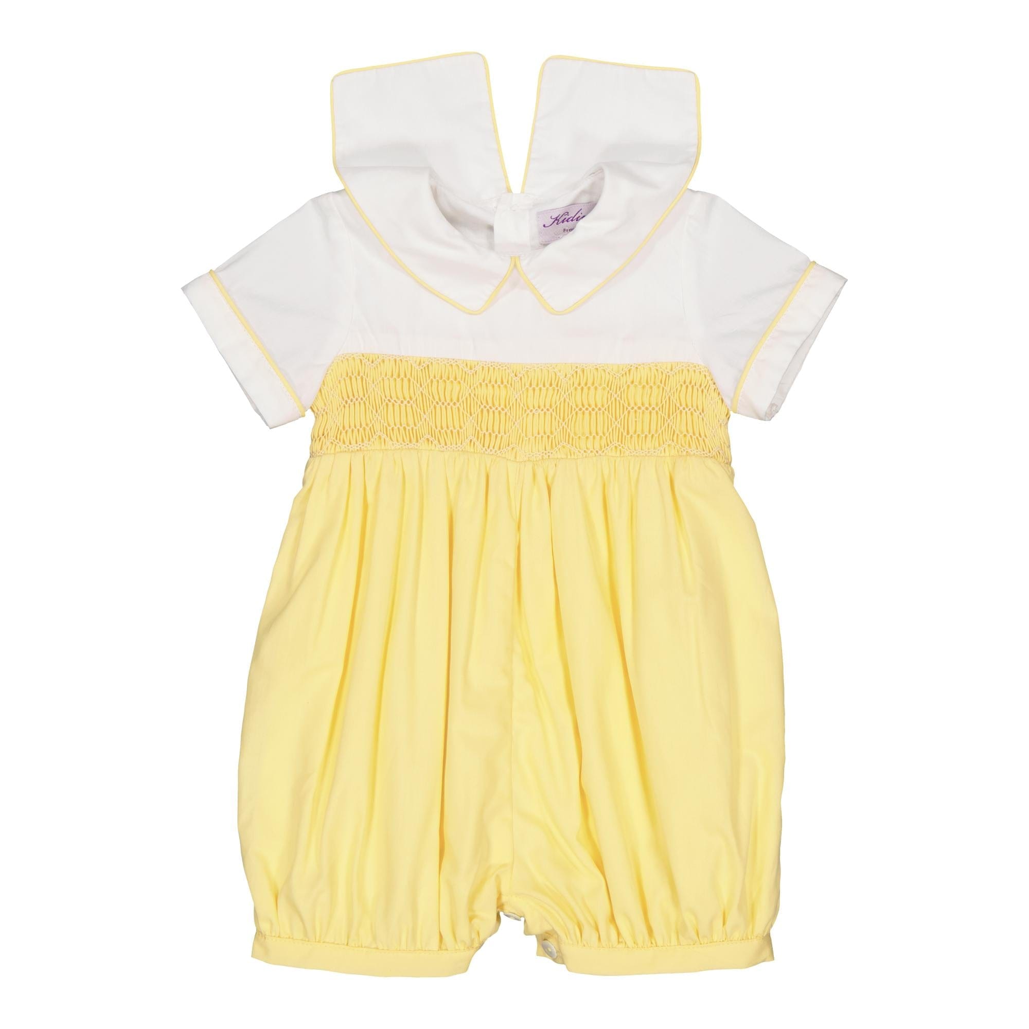 Mathis, smocked baby boy romper with white shirt and mac milan collar, in Yellow poplin