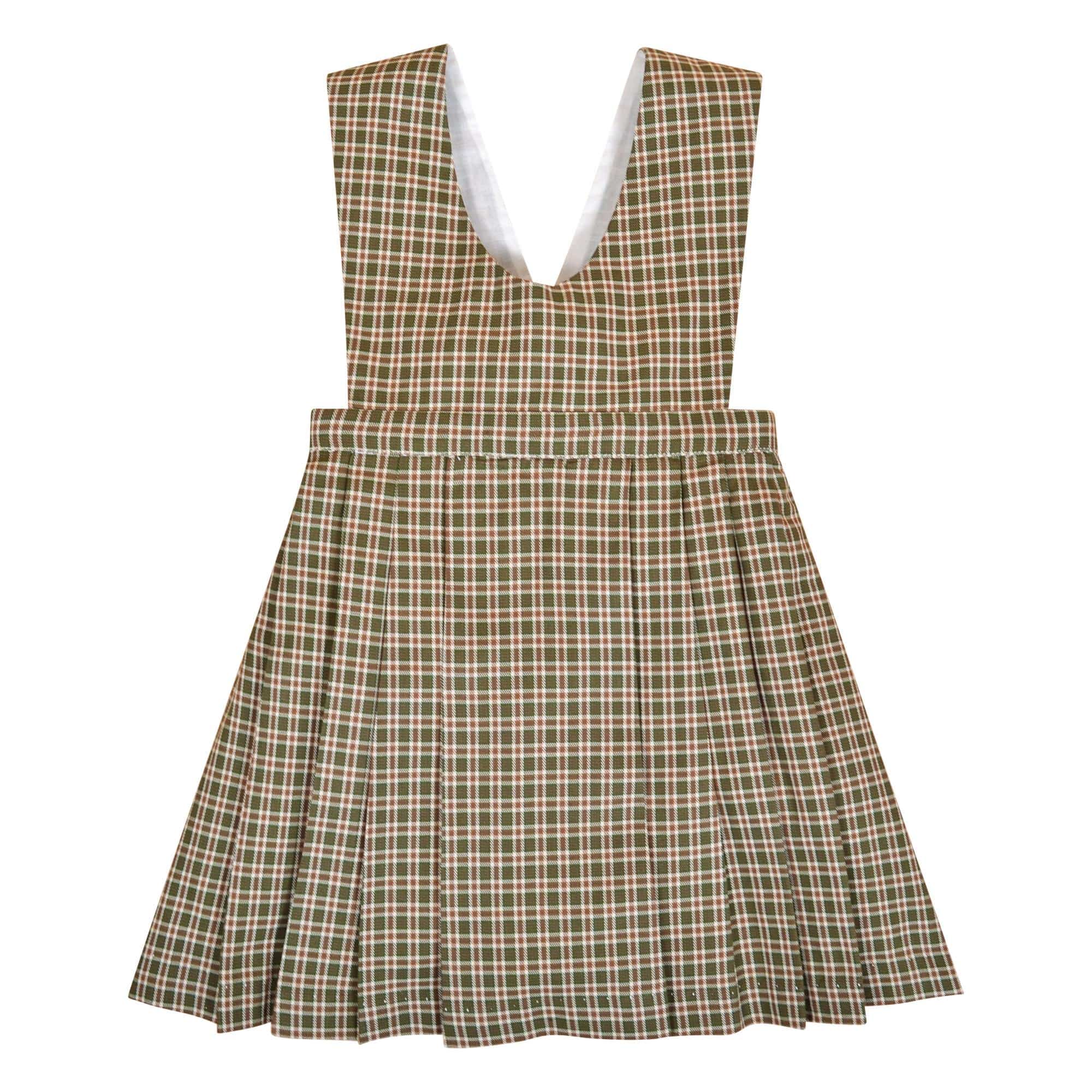 Mayeule, Jupe plissée réversible à bretelles, encolure cache-cœur ou ronde, en tartan kaki - Mayeule, Reversible pleated skirt with straps, wrap-around or round neckline, in Khaki tartan