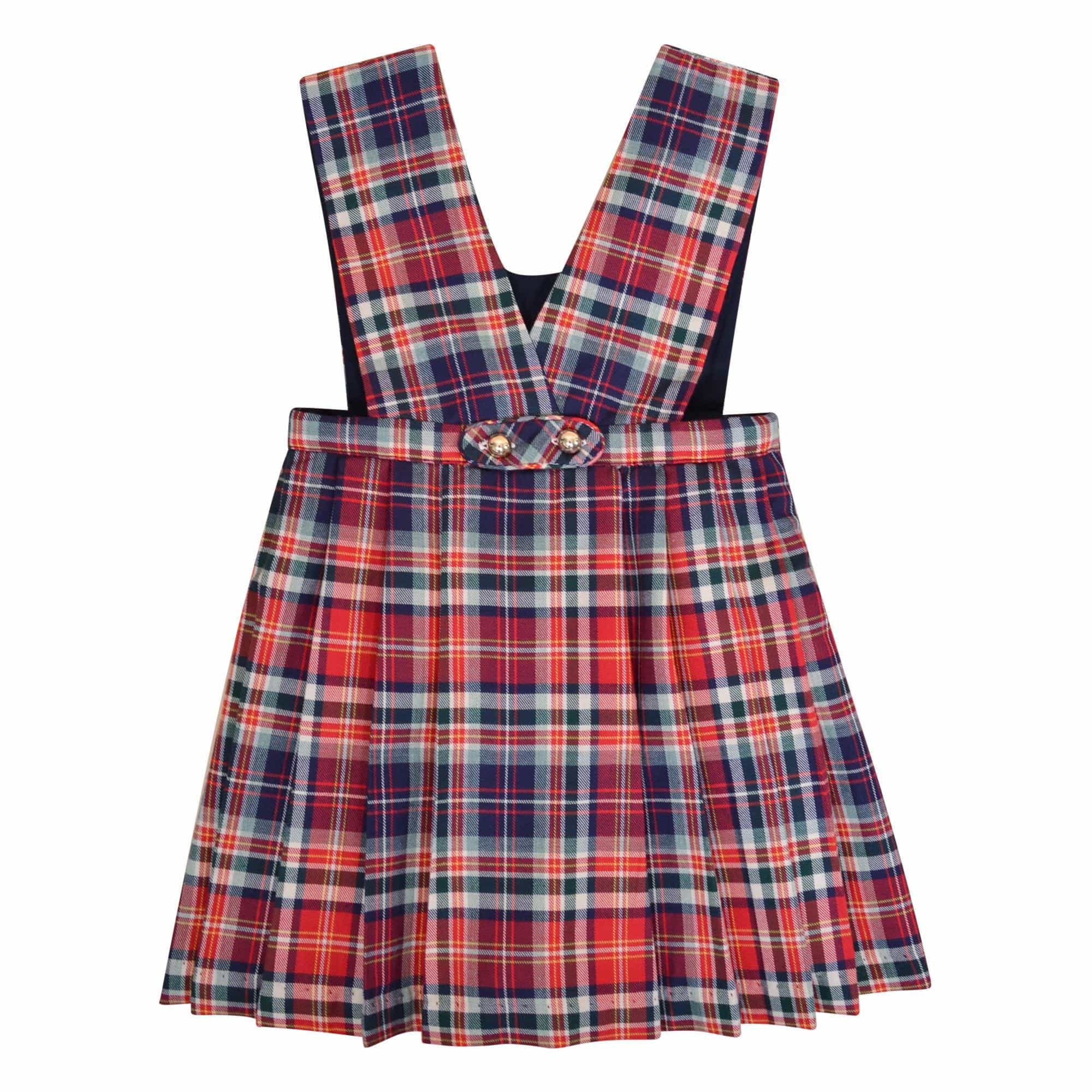 Mayeule, Jupe plissée réversible à bretelles, encolure cache-cœur ou ronde, en tartan rouge - Mayeule, Reversible pleated skirt with straps, wrap-around or round neckline, in Red tartan