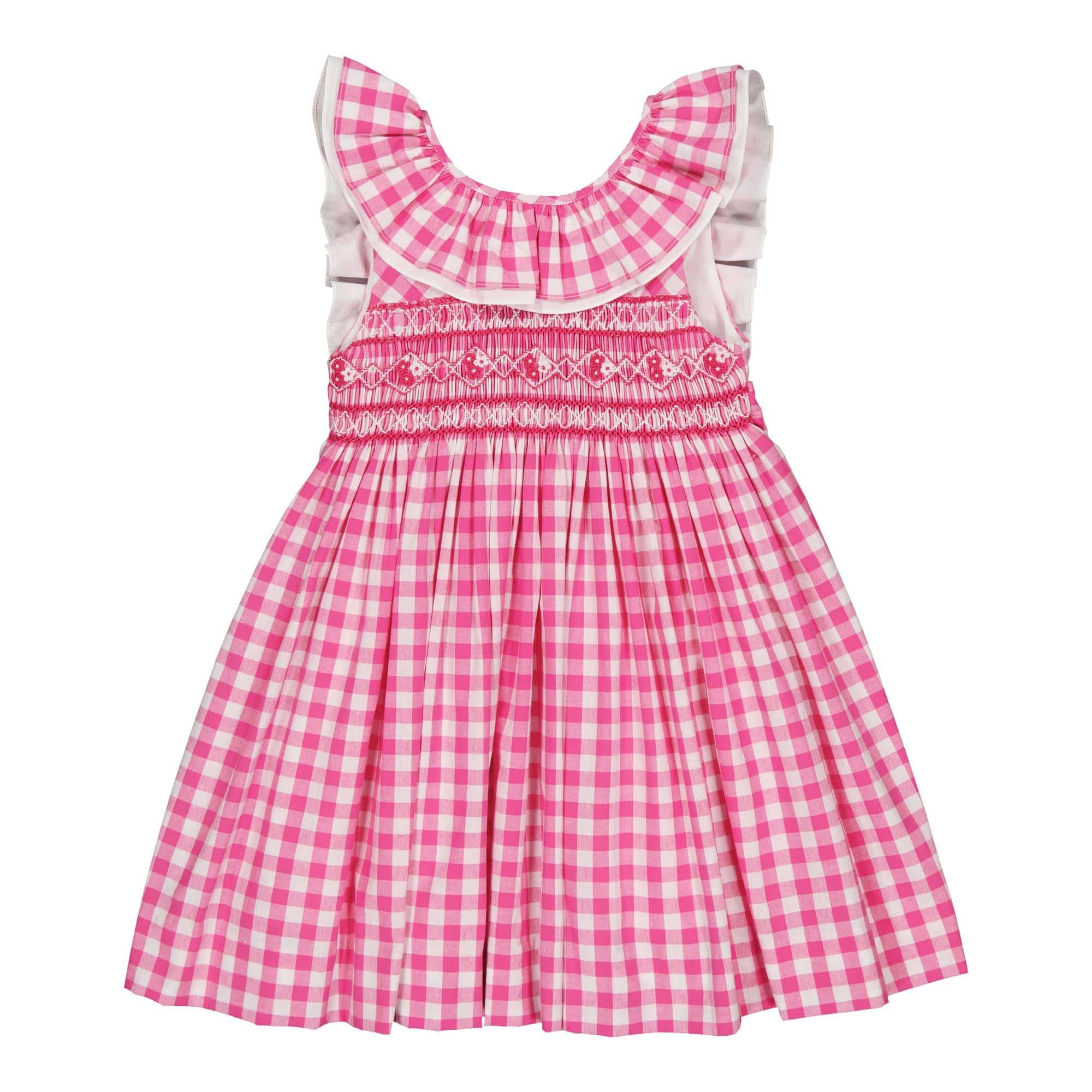 Mélina, smocked dress with two rows of ruffles at the neckline and back, in Large fuchsia gingham