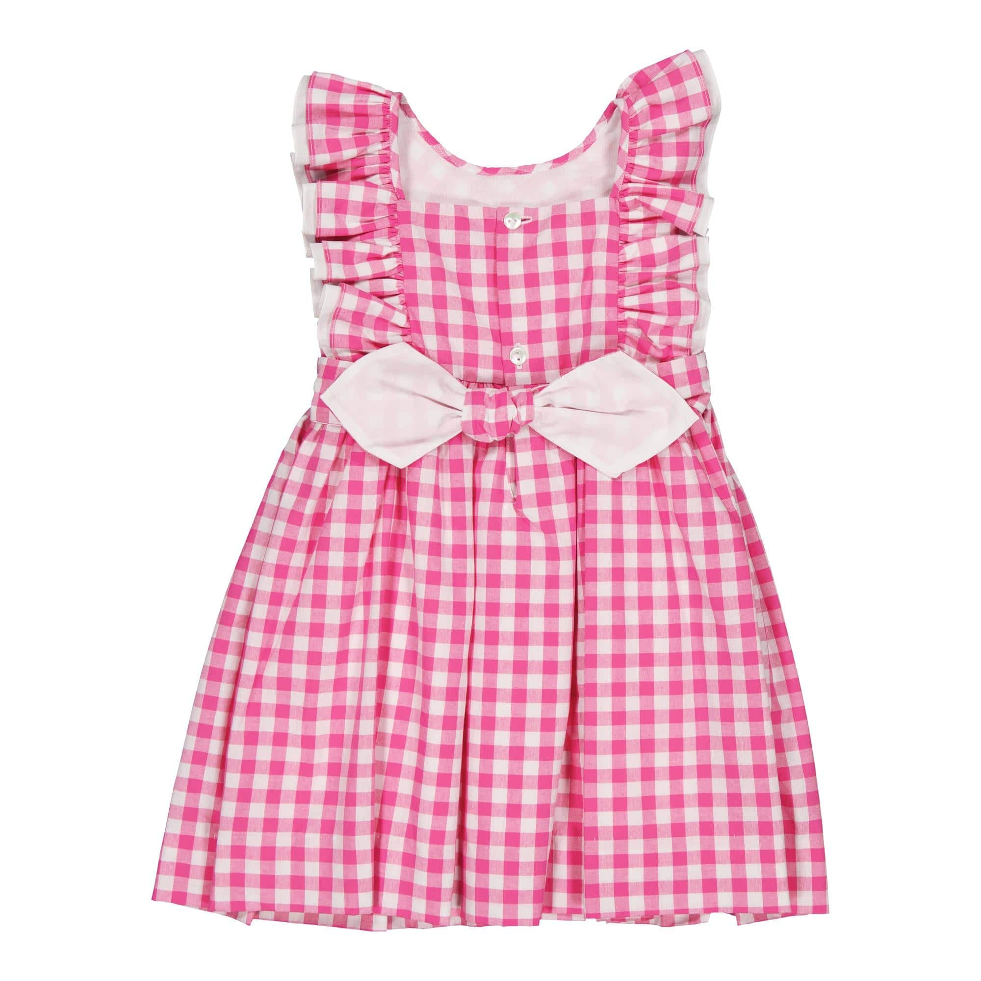 Mélina, smocked dress with two rows of ruffles at the neckline and back, in Large fuchsia gingham