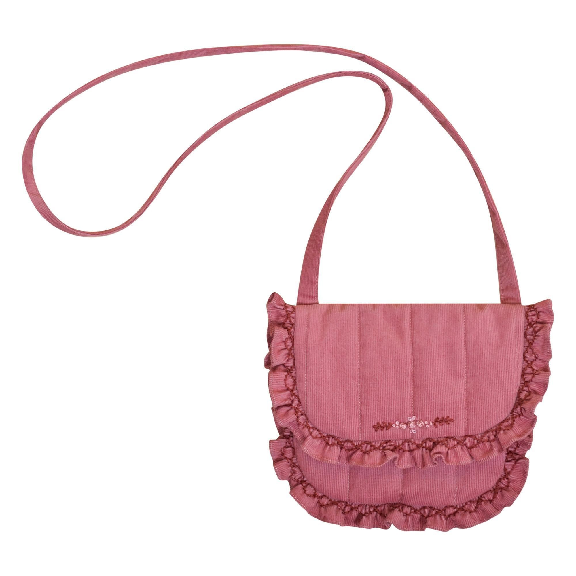 Mimosa, Sac bandoulière brodé, à petits volants smockés, doublure imprimée (19x16cm), en velours côtelé rose Marsala - Mimosa, Embroidered shoulder bag, with small smocked ruffles, printed lining (19x16cm), in Marsala rose corduroy