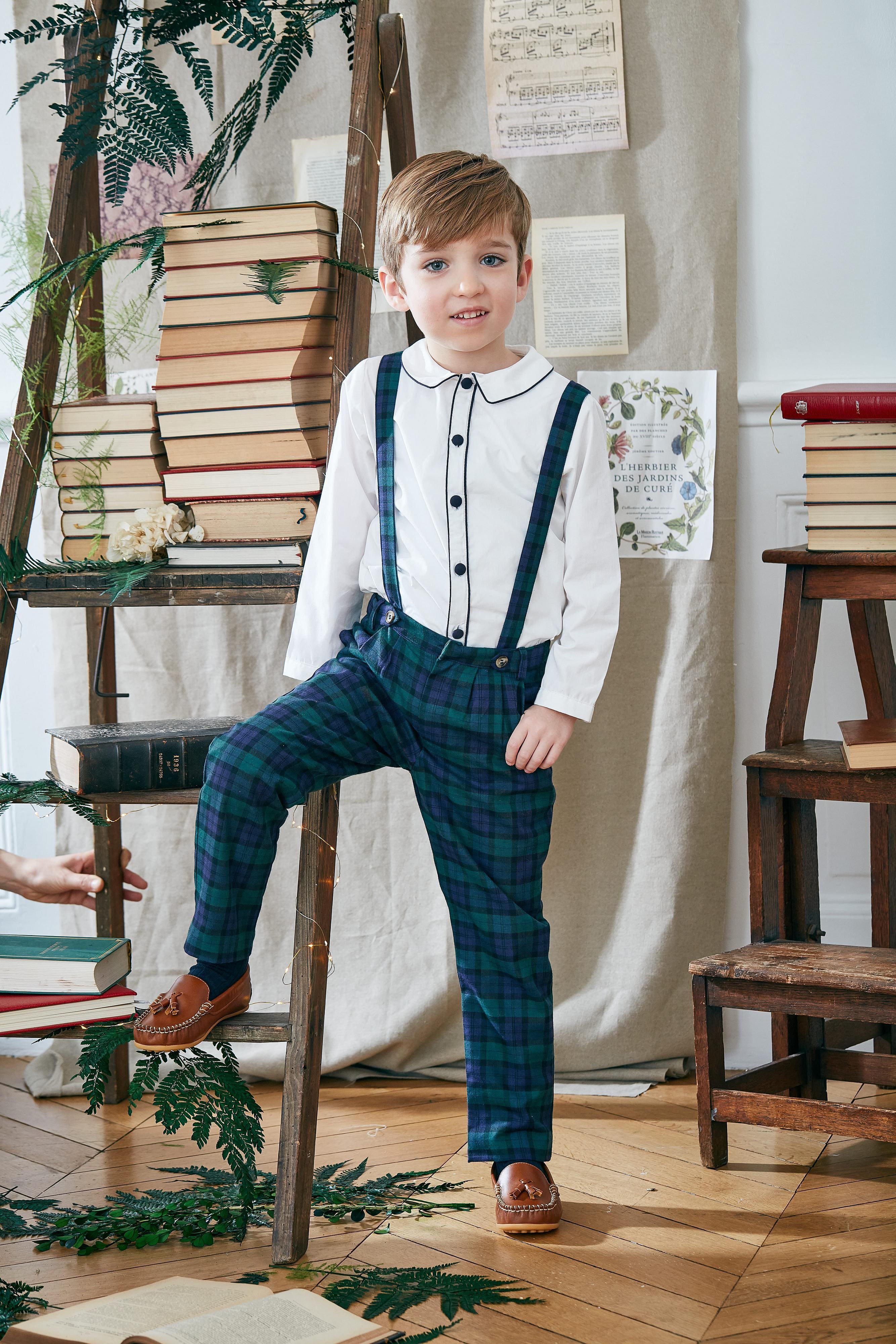 Noa, Boy's long-sleeved shirt, mac milan collar, navy piping, in White poplin