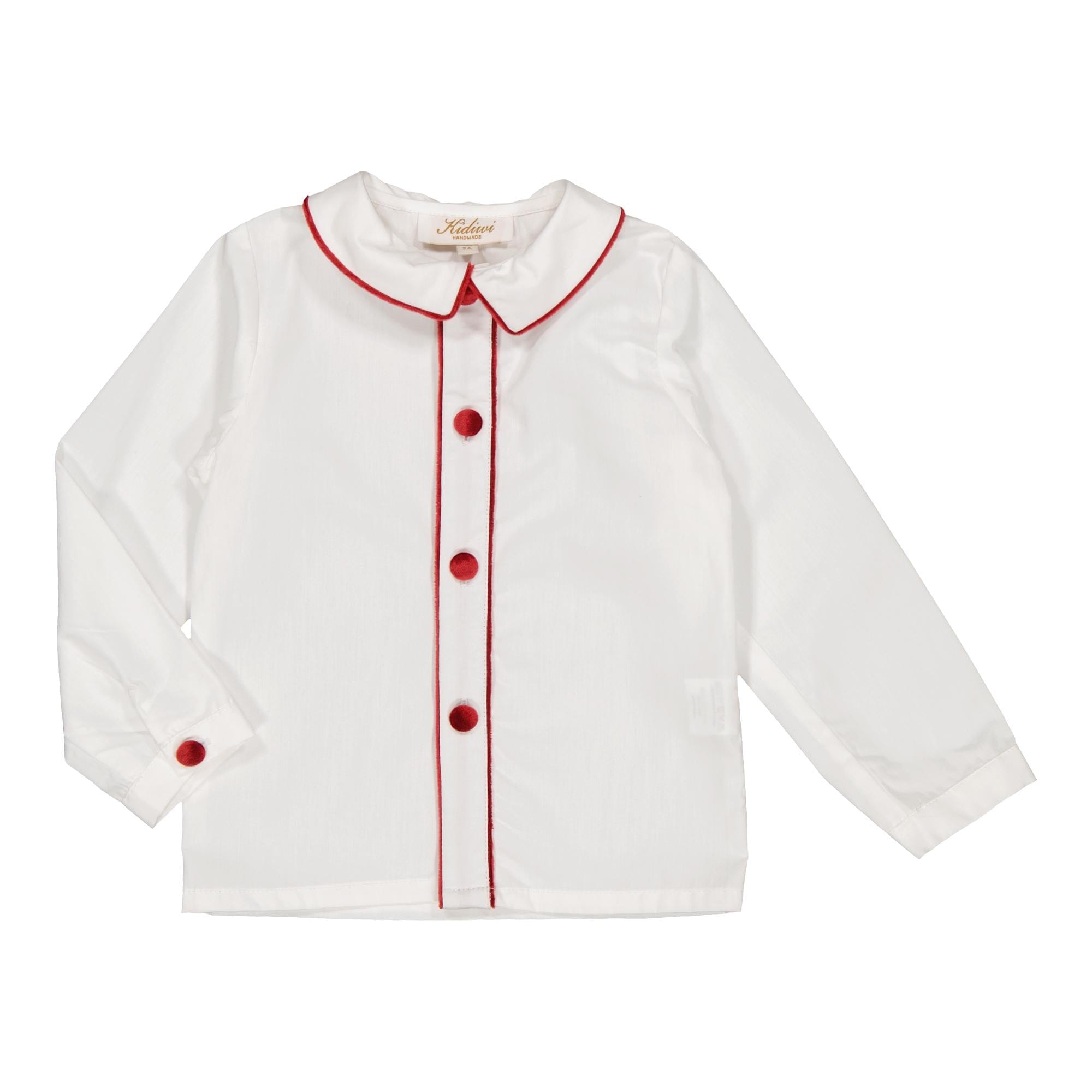 Noa, chemise en popeline blanche et passepoilé de velours rouge