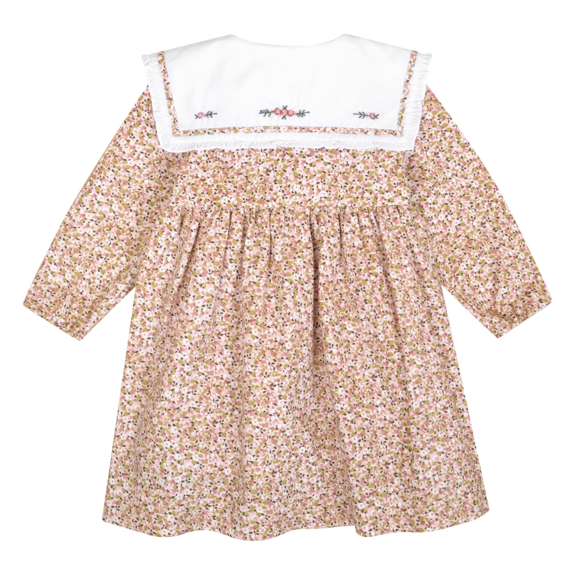 Paola, Robe à manches longues droites, col marin volanté avec broderie, ouverture devant, en imprimé fleuri rose et kaki - Paola, Dress with long straight sleeves, ruffled sailor collar with  embroidery, front opening, in Pink and khaki flower print