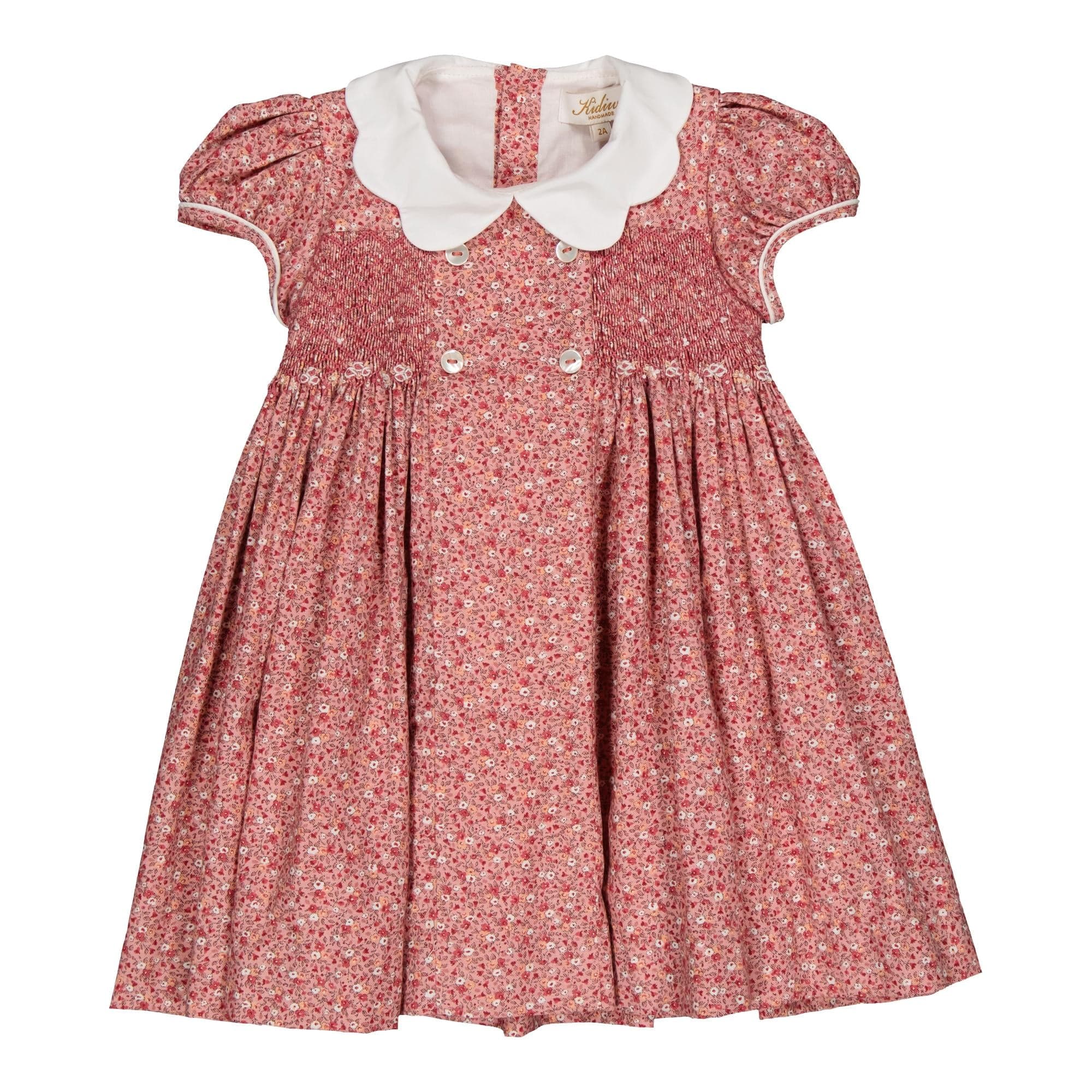 Risette, smocked dress, in Ditsy red print