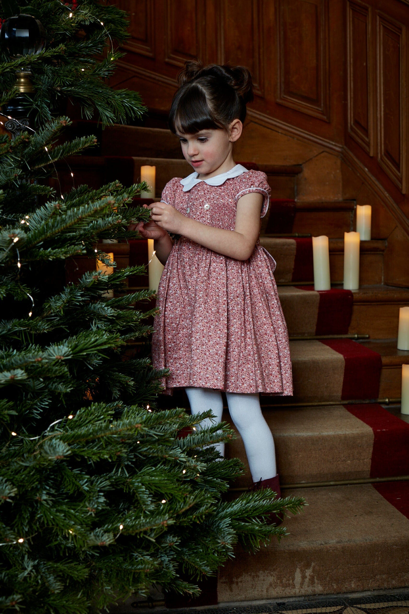 Risette, smocked dress, in Ditsy red print